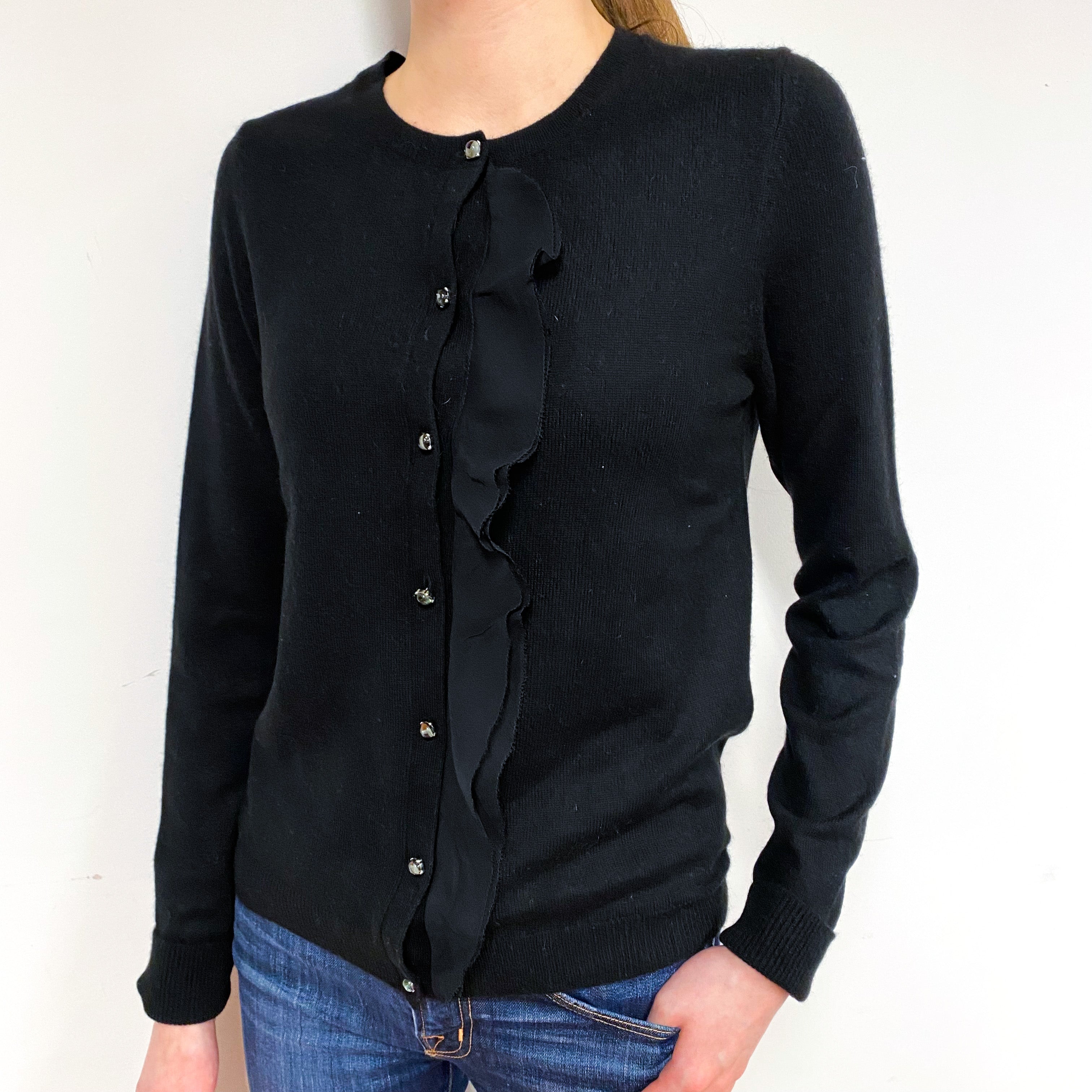 Black Chiffon Trim Cashmere Crew Neck Cardigan Extra Small