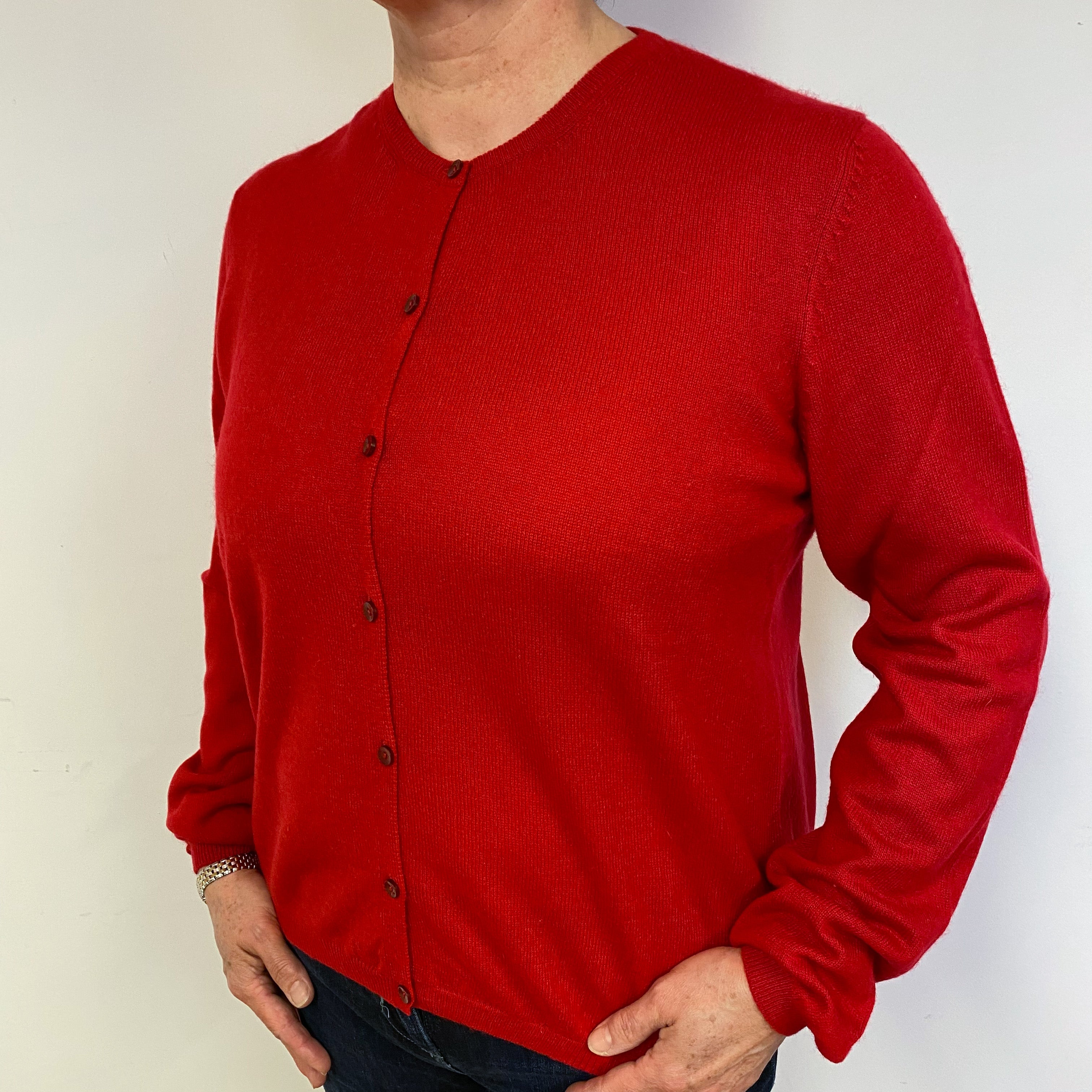 Scarlet Red Cashmere Crew Neck Cardigan Large.