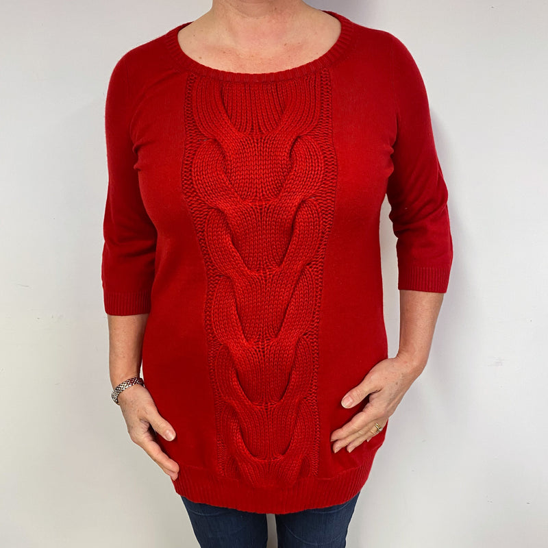 Red Cable Longline Cashmere Crew Neck Jumper Large