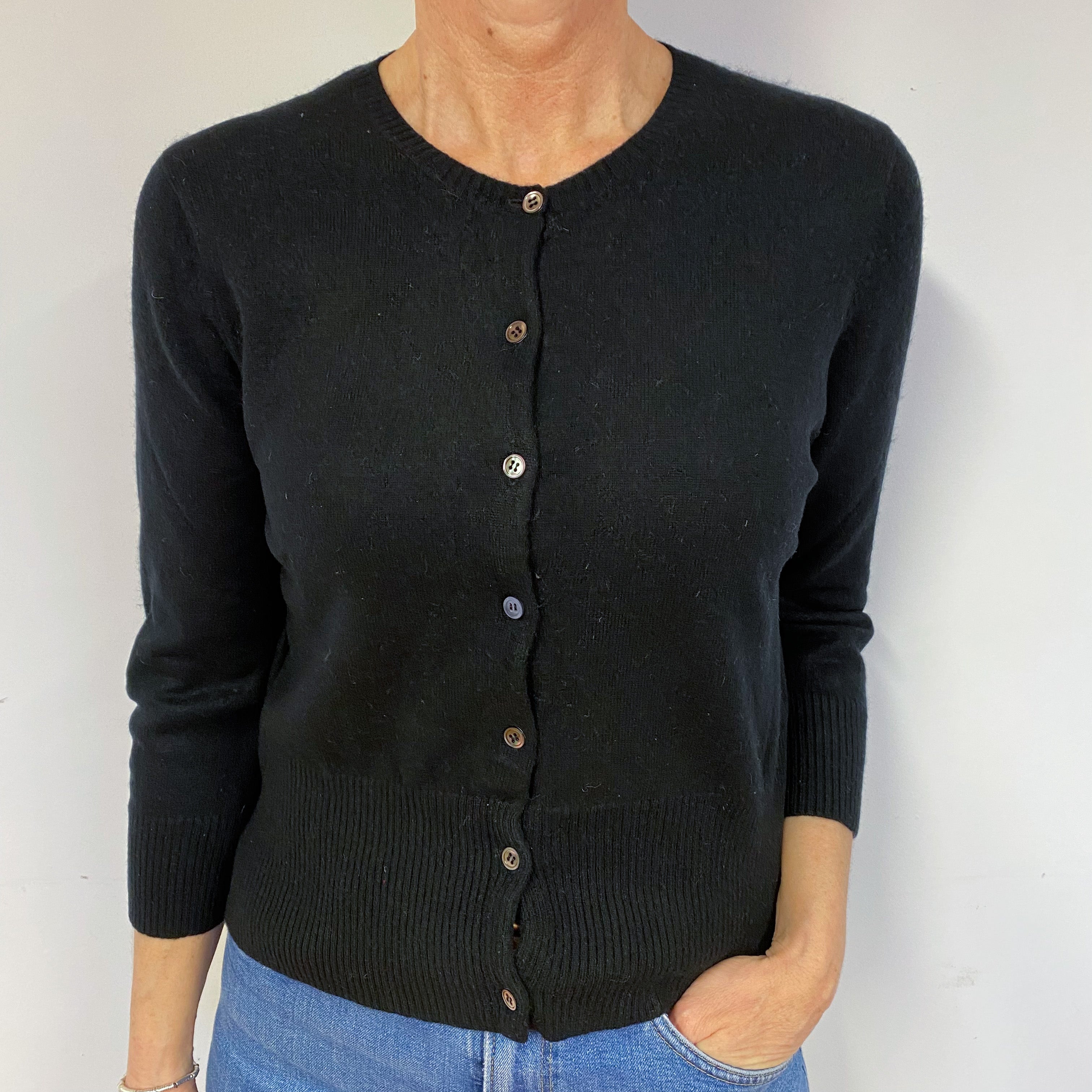 Black 3/4 Sleeve Cashmere Crew Neck Cardigan Medium