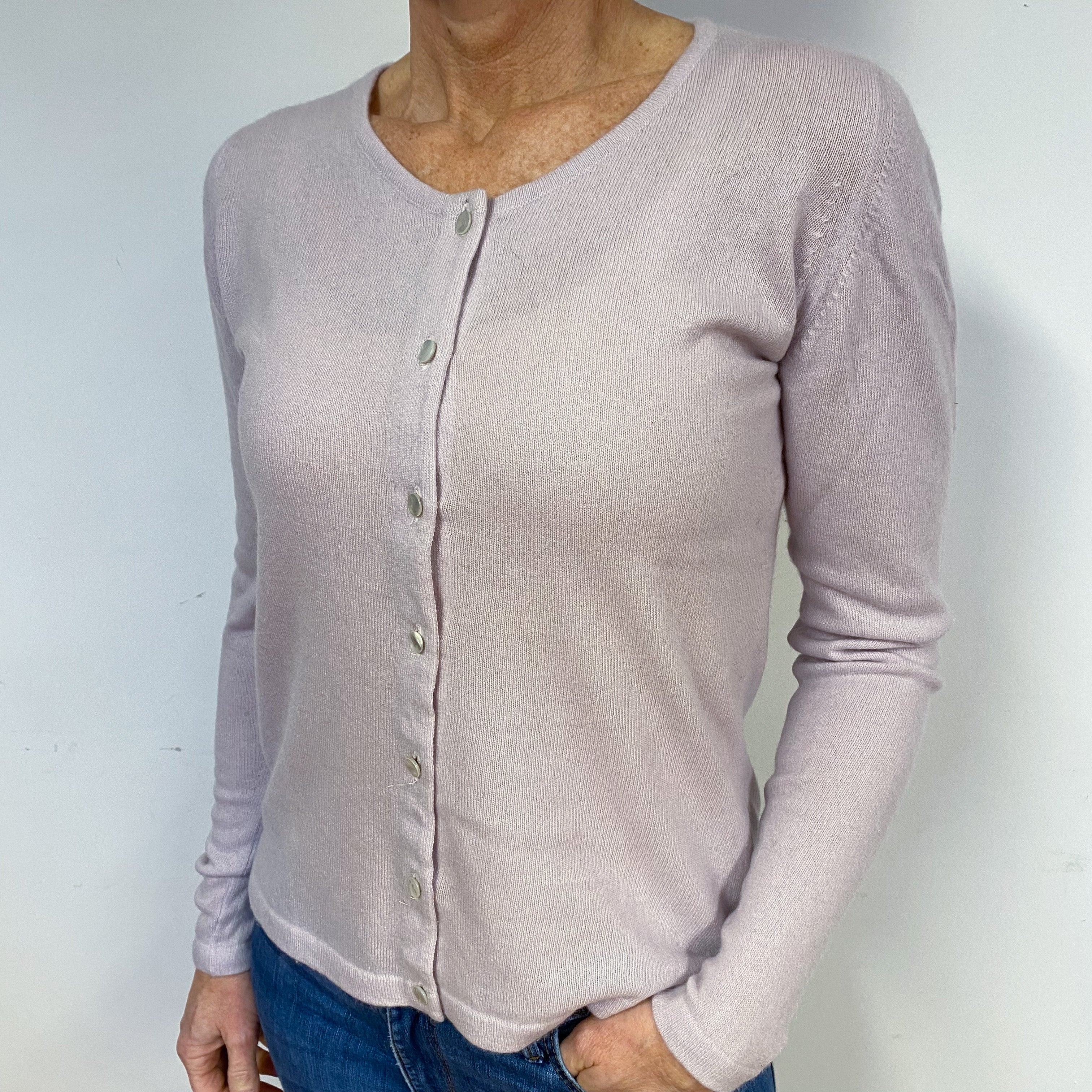 Pale Lilac Purple Cashmere Crew Neck Cardigan Medium