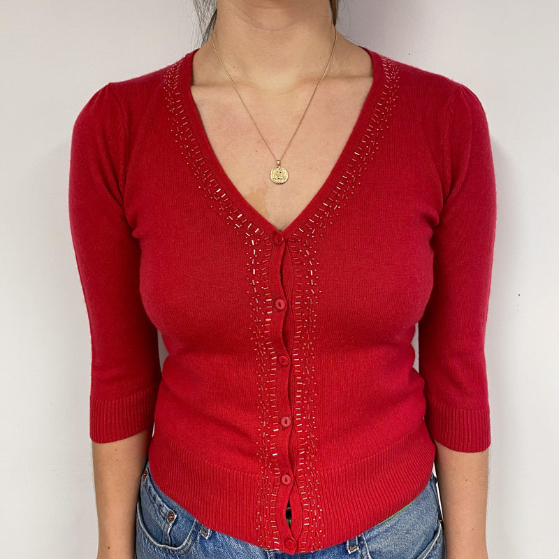 Berry Red Embellished Cashmere V-Neck Cardigan Small