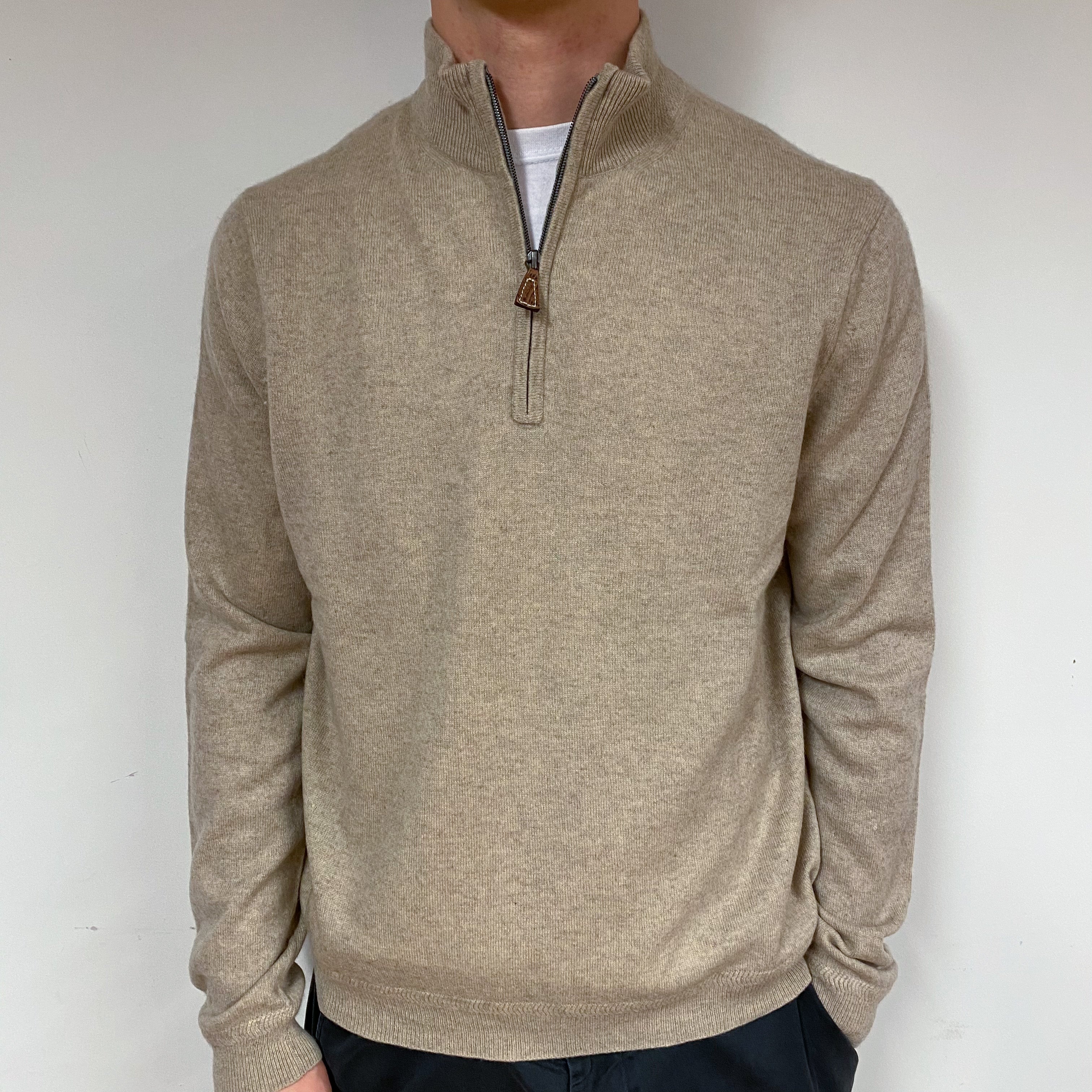 Men's Pale Biscuit Cashmere Quarter Zip Jumper Large