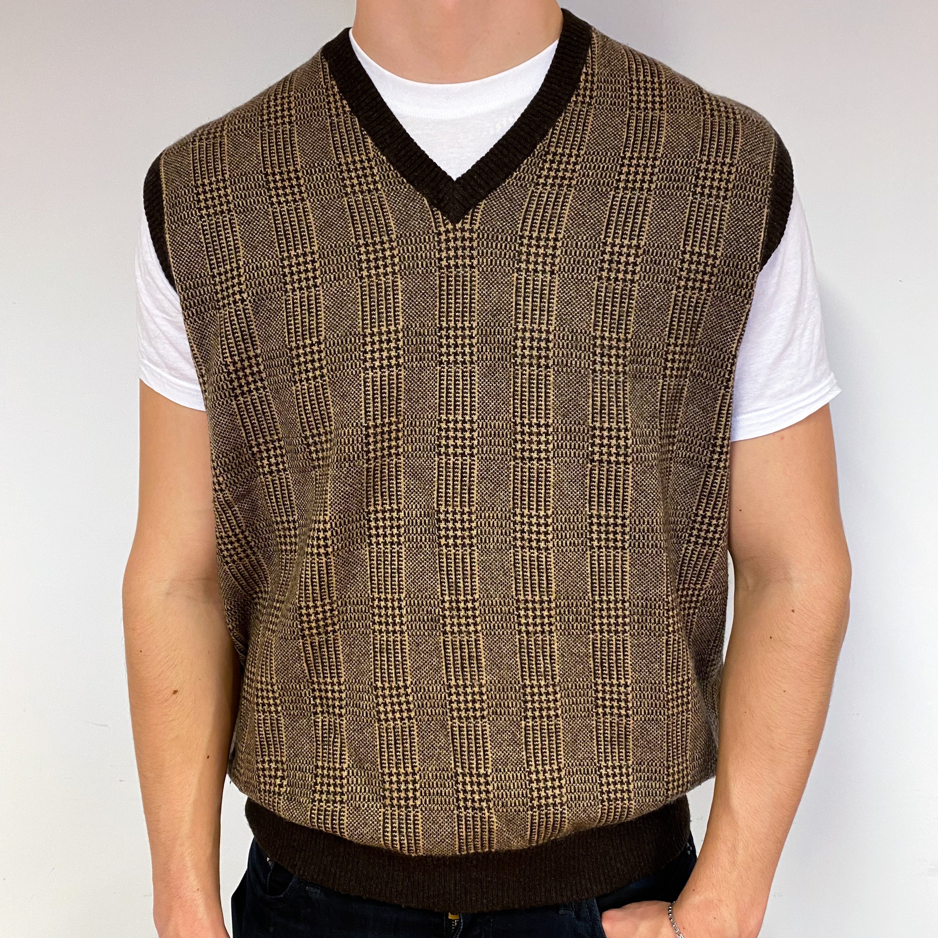 Men's Brown Checked Cashmere V-Neck Tank Top Extra Extra Large