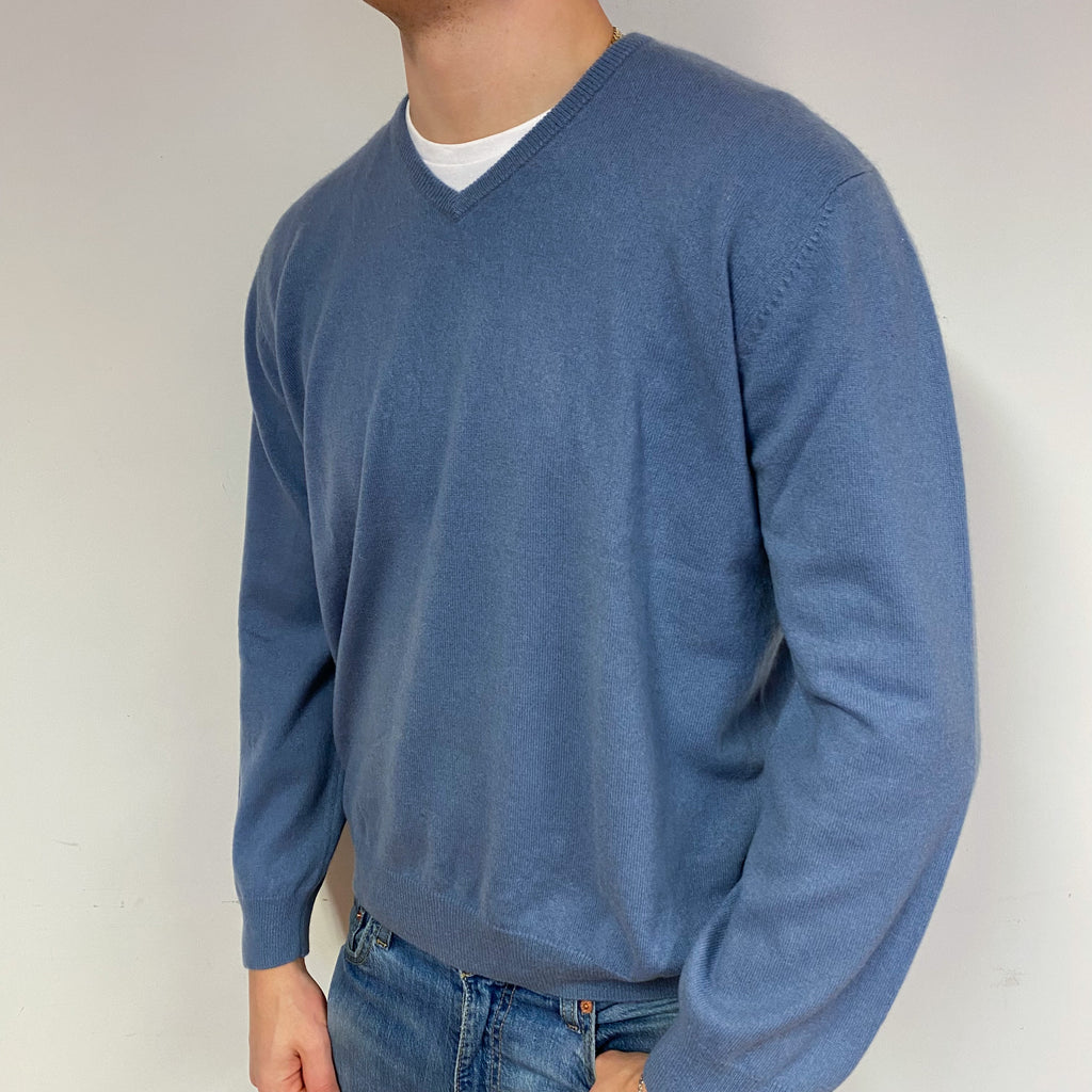 Men's Wedgewood Blue Cashmere V-Neck Jumper XXL