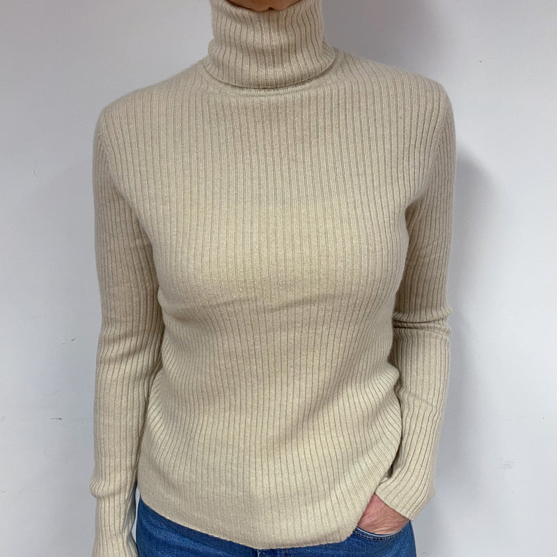 Oatmeal Beige Ribbed Cashmere Polo Neck Jumper Medium
