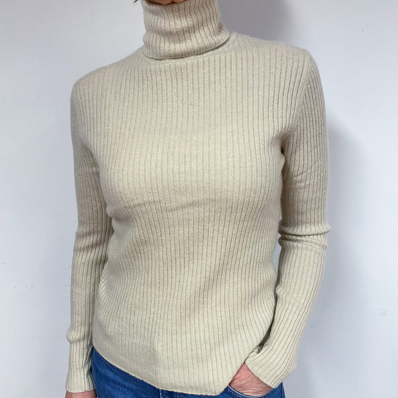 Oatmeal Beige Ribbed Cashmere Polo Neck Jumper Medium