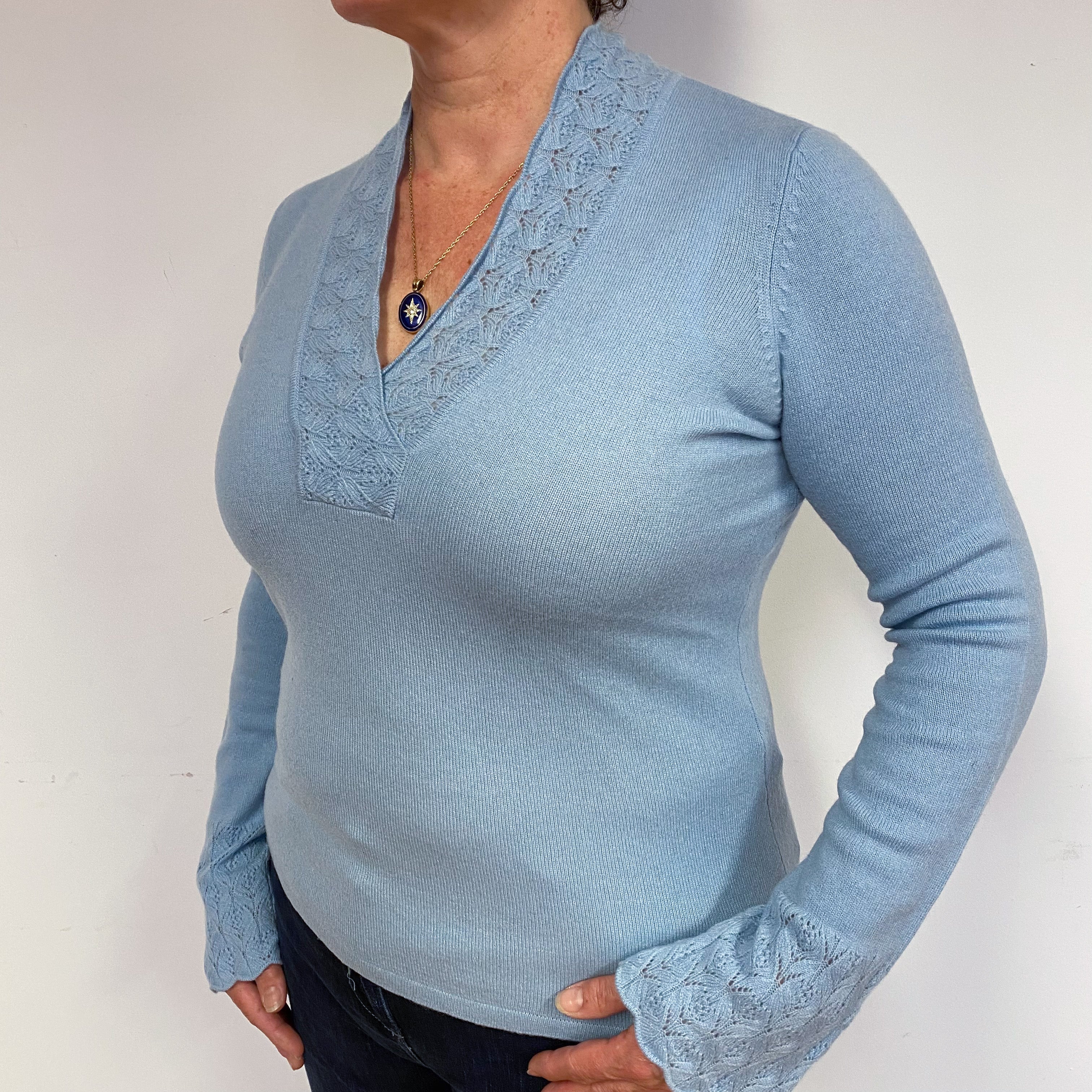 Pale Blue Lace Cashmere V-Neck Jumper Large