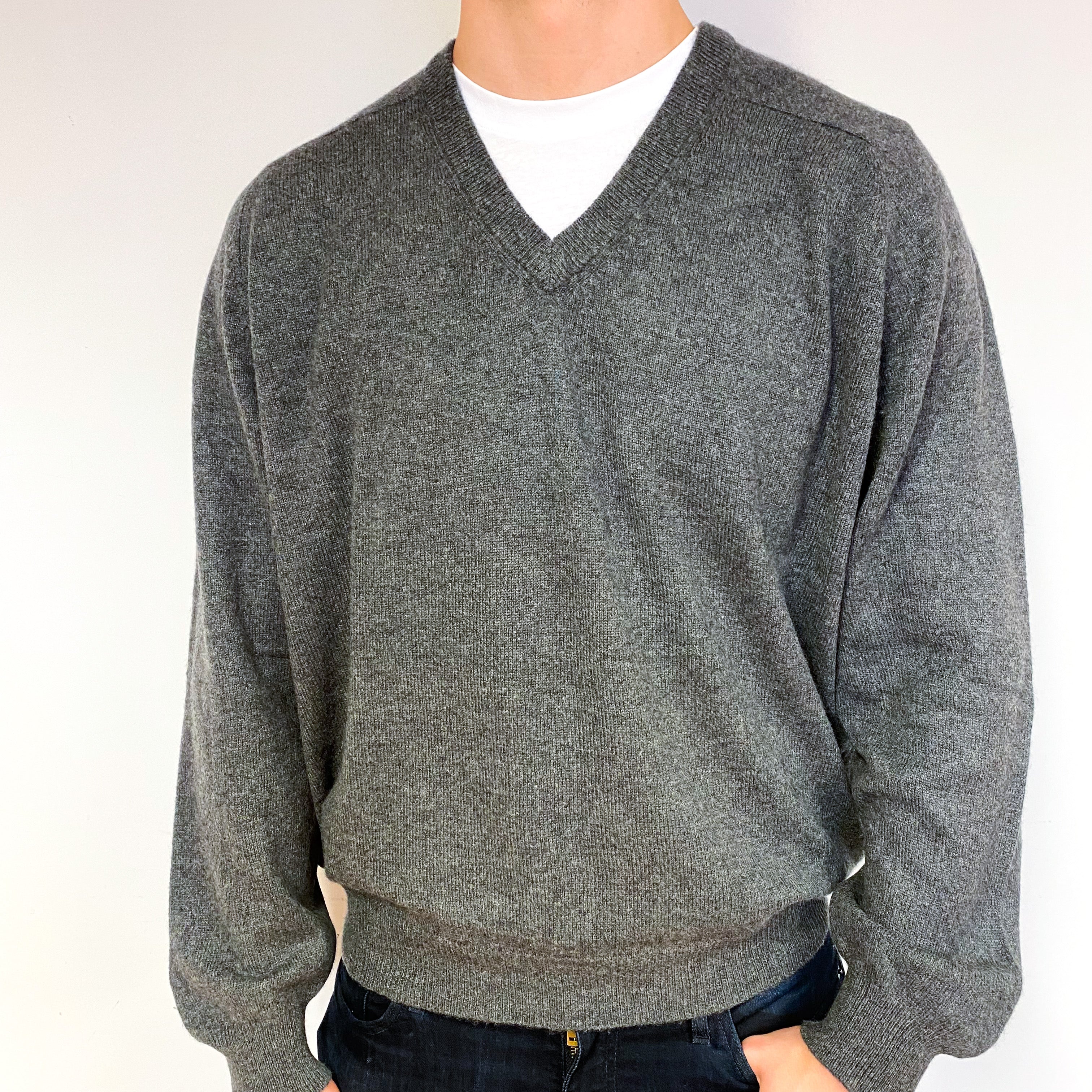 Men's Slate Grey Cashmere V-Neck Jumper Extra Extra Large