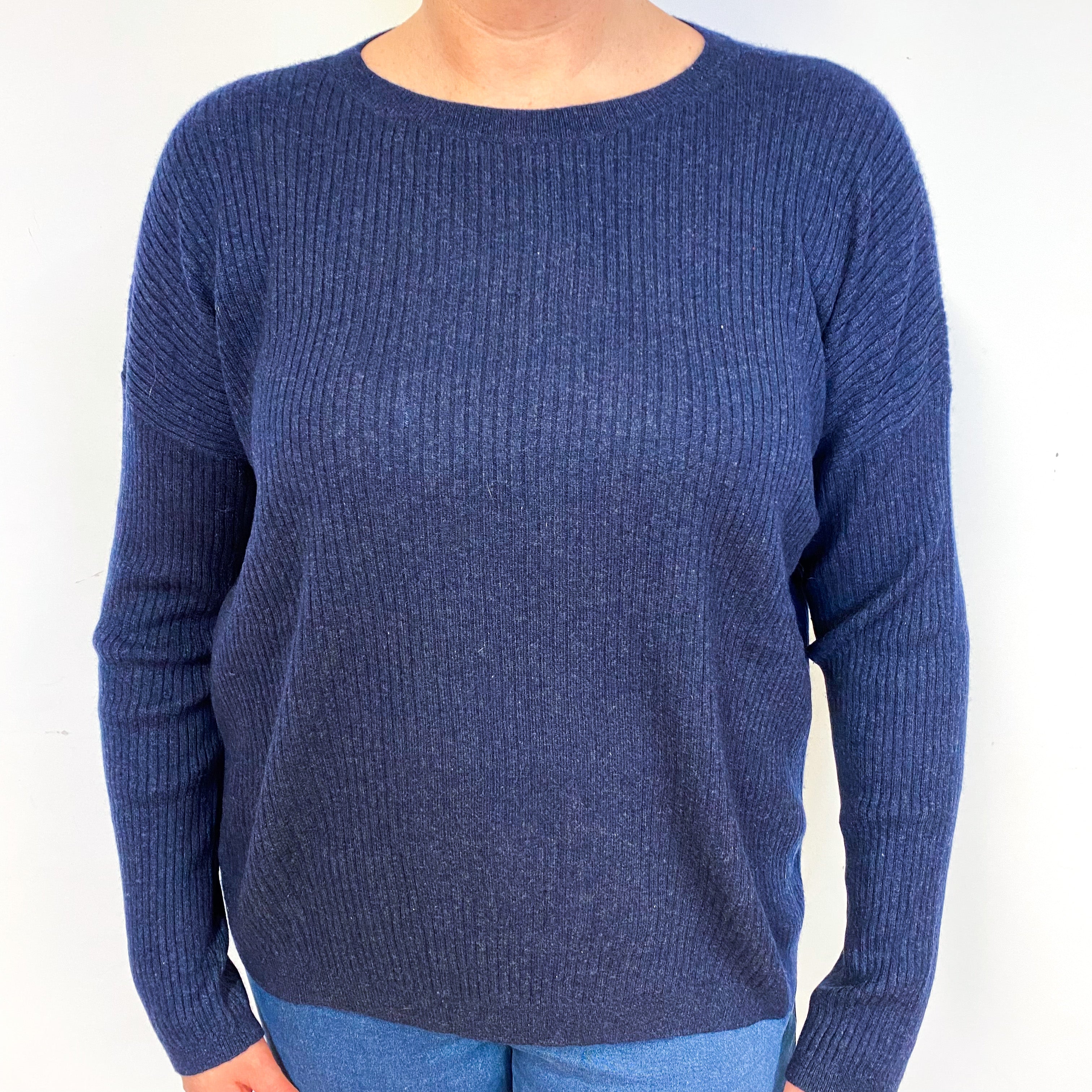 Naval Blue Ribbed Cashmere Crew Neck Jumper Large
