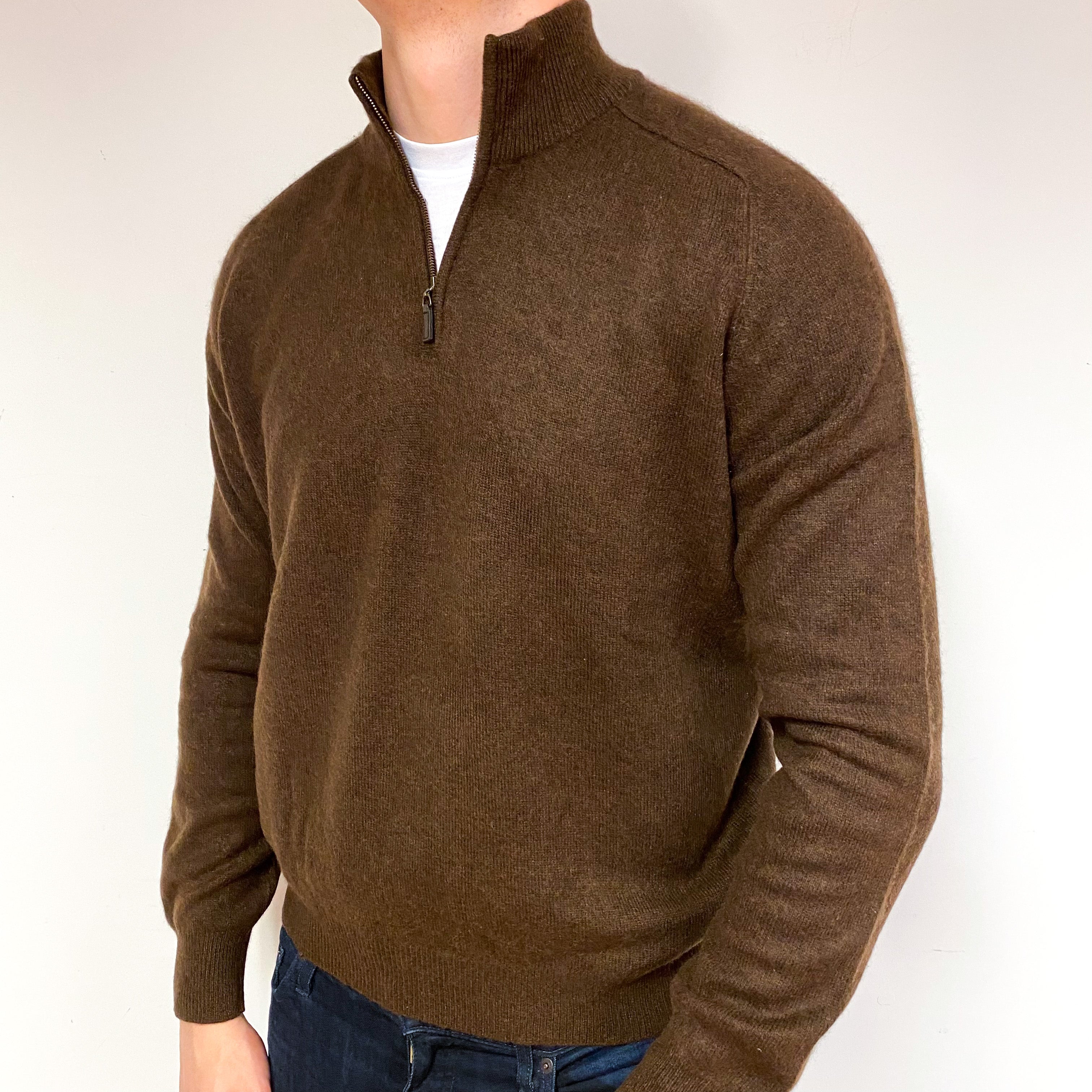 Men's Chocolate Brown Cashmere 1/4 Zip Jumper Extra Large