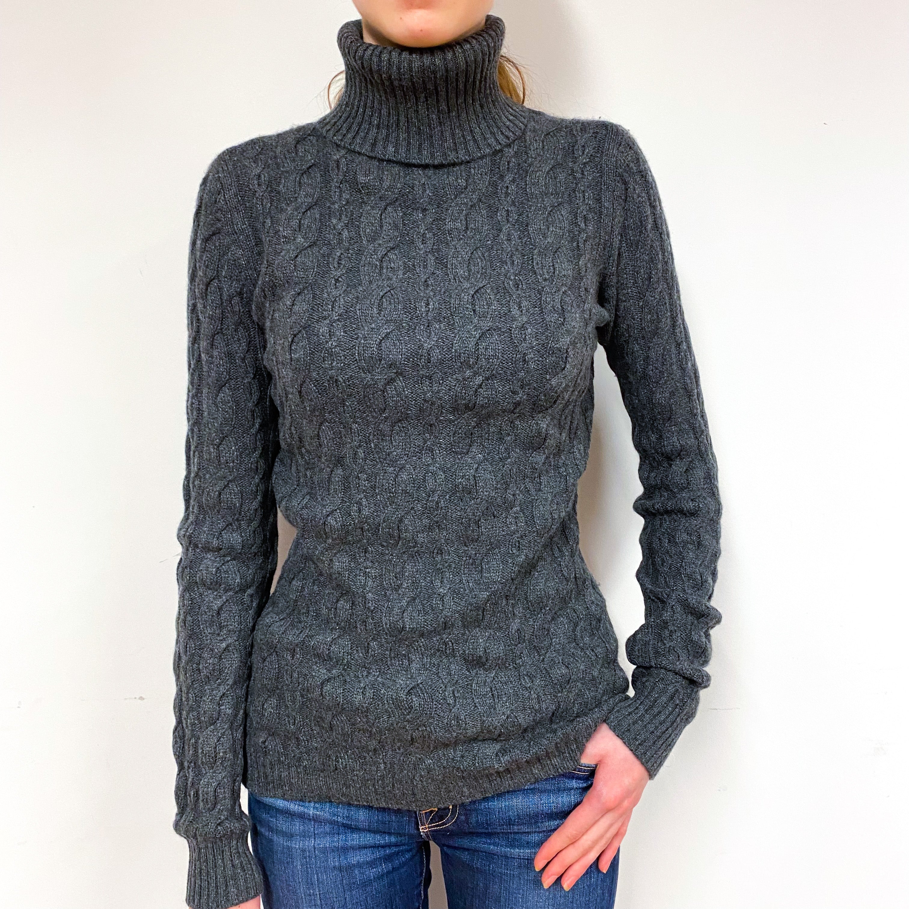 Slate Grey Cable Cashmere Polo Neck Jumper Extra Small
