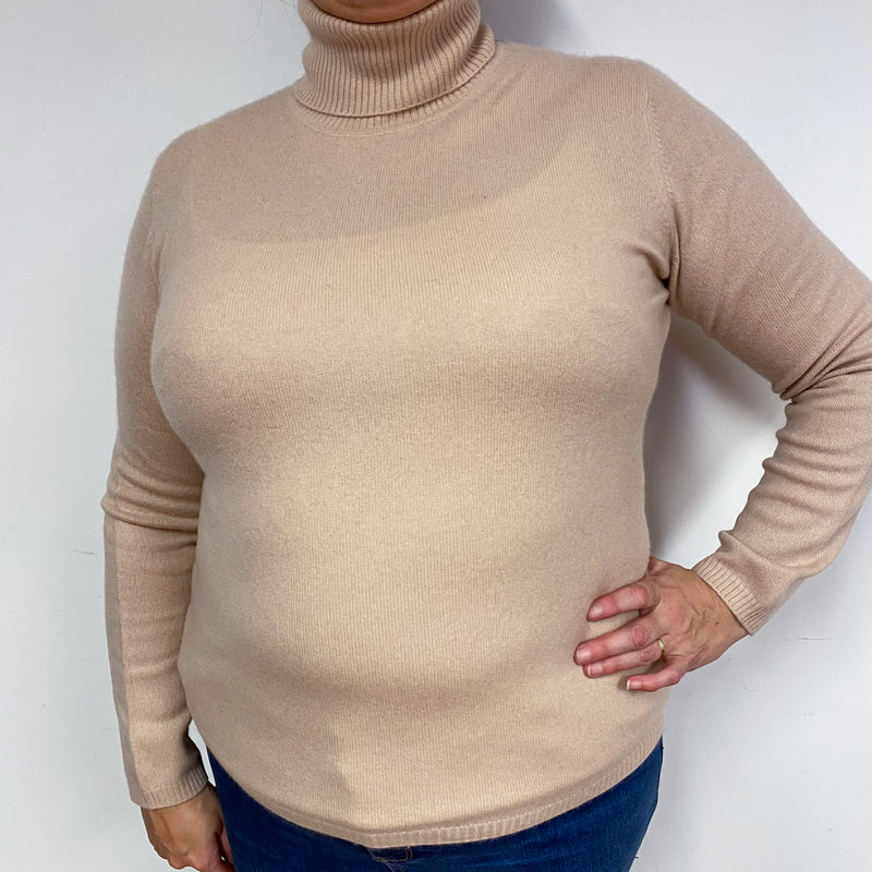 Buff Beige Cashmere Polo Neck Jumper Extra Large