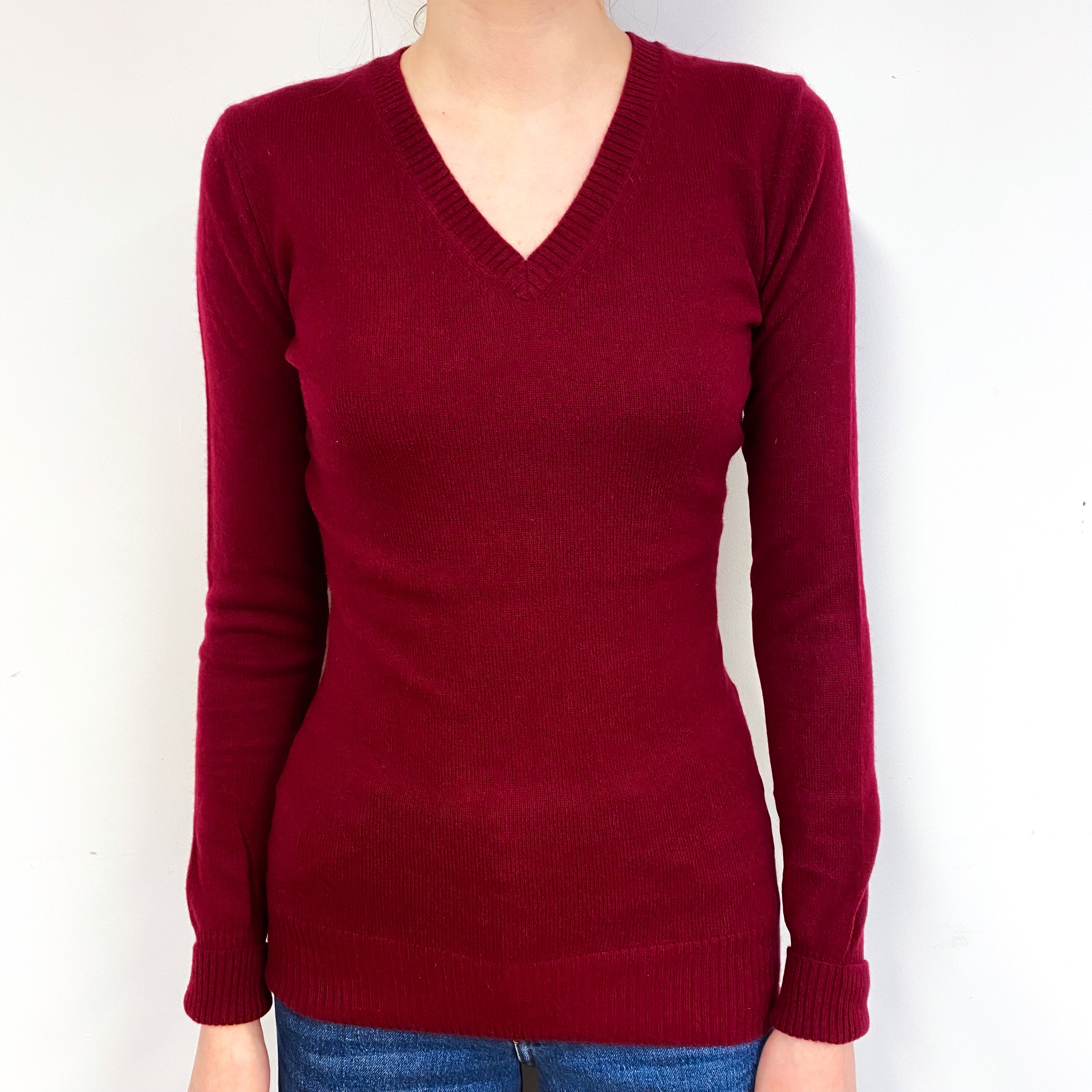 Wine Red Cashmere V-Neck Jumper Extra Small