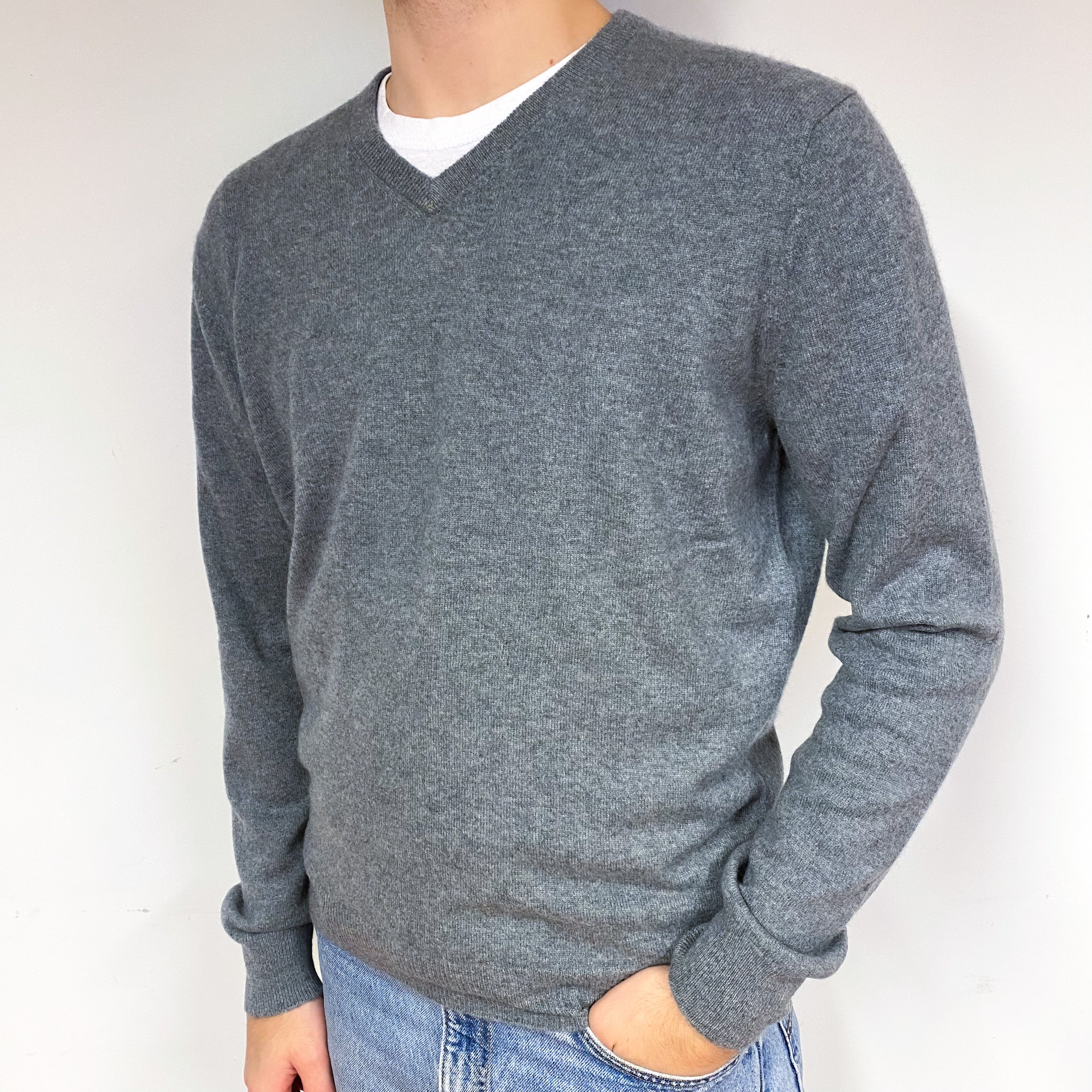 Men's Steel Grey Cashmere V-Neck Jumper Large