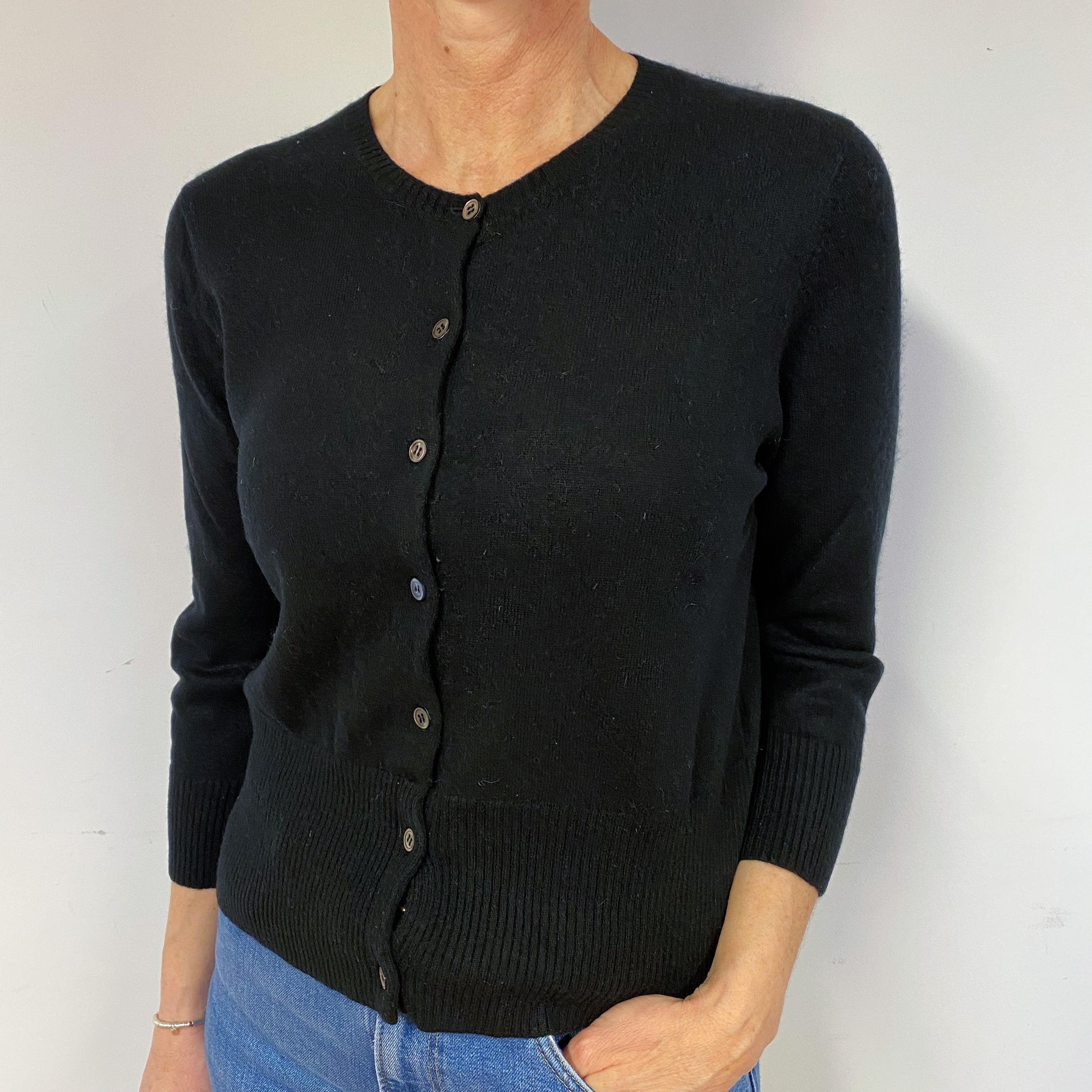 Black 3/4 Sleeve Cashmere Crew Neck Cardigan Medium