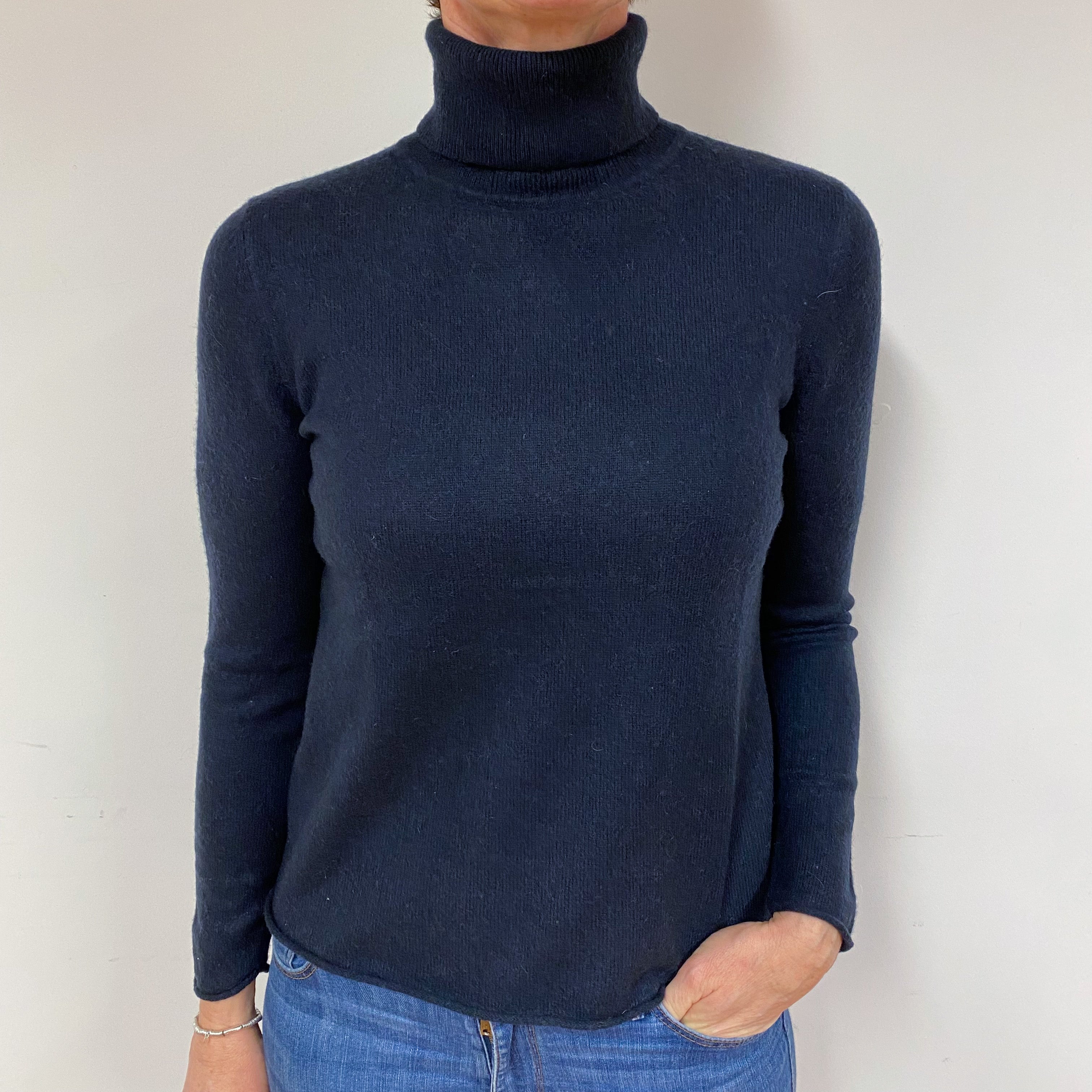 Dark Navy Blue Cashmere Polo Neck Jumper Medium