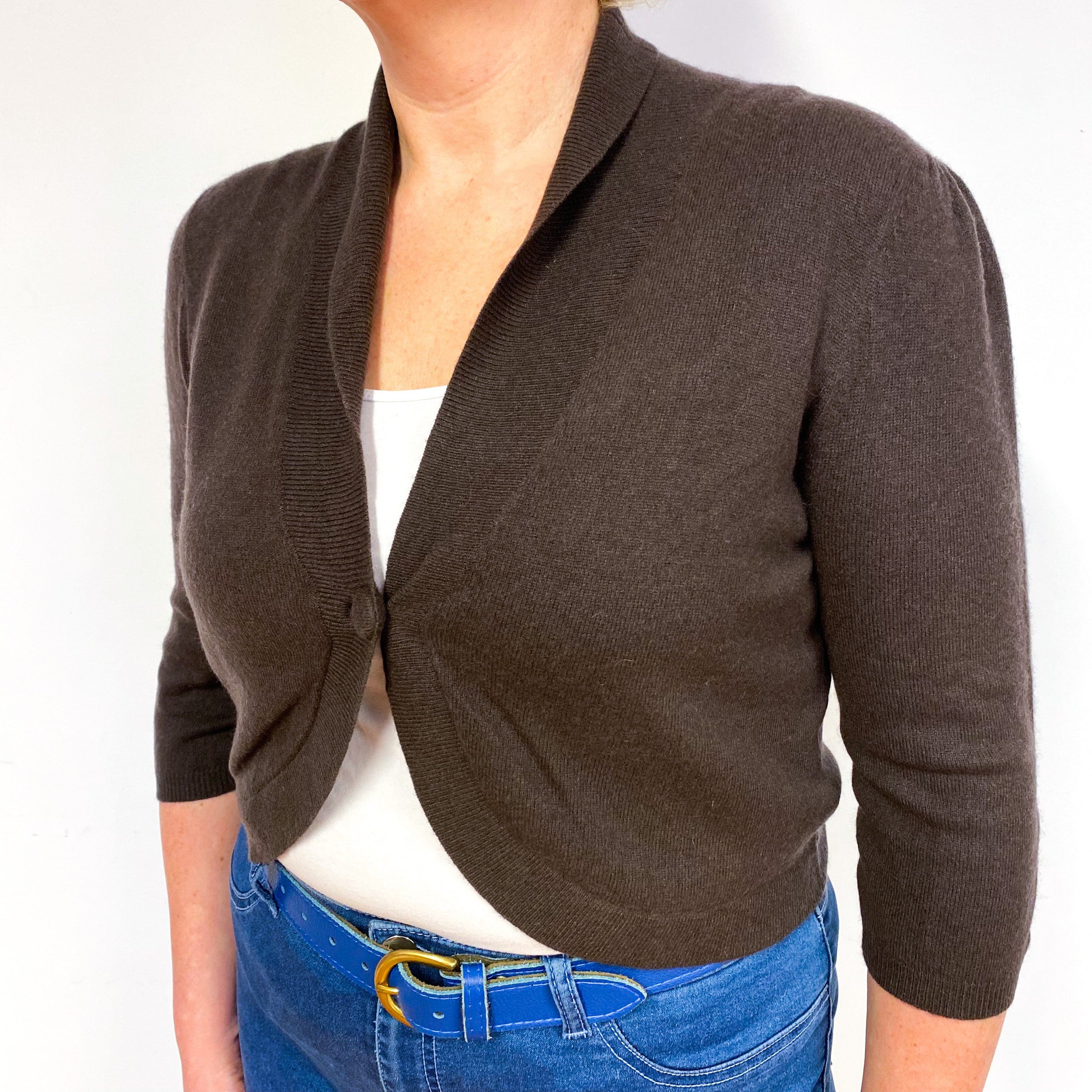 Chocolate Brown 3/4 Sleeve Cashmere Bolero Cardigan Large