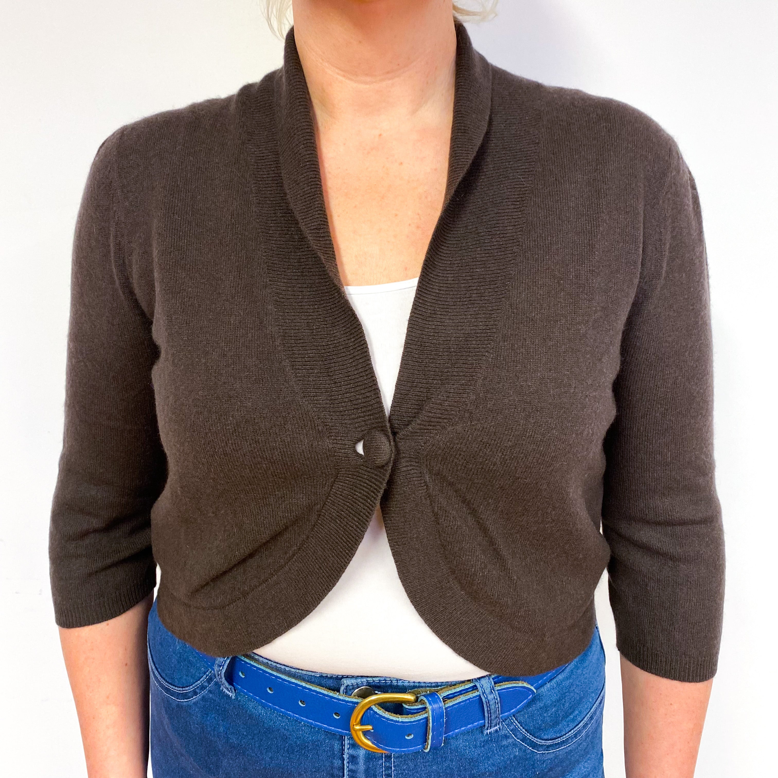 Chocolate Brown 3/4 Sleeve Cashmere Bolero Cardigan Large