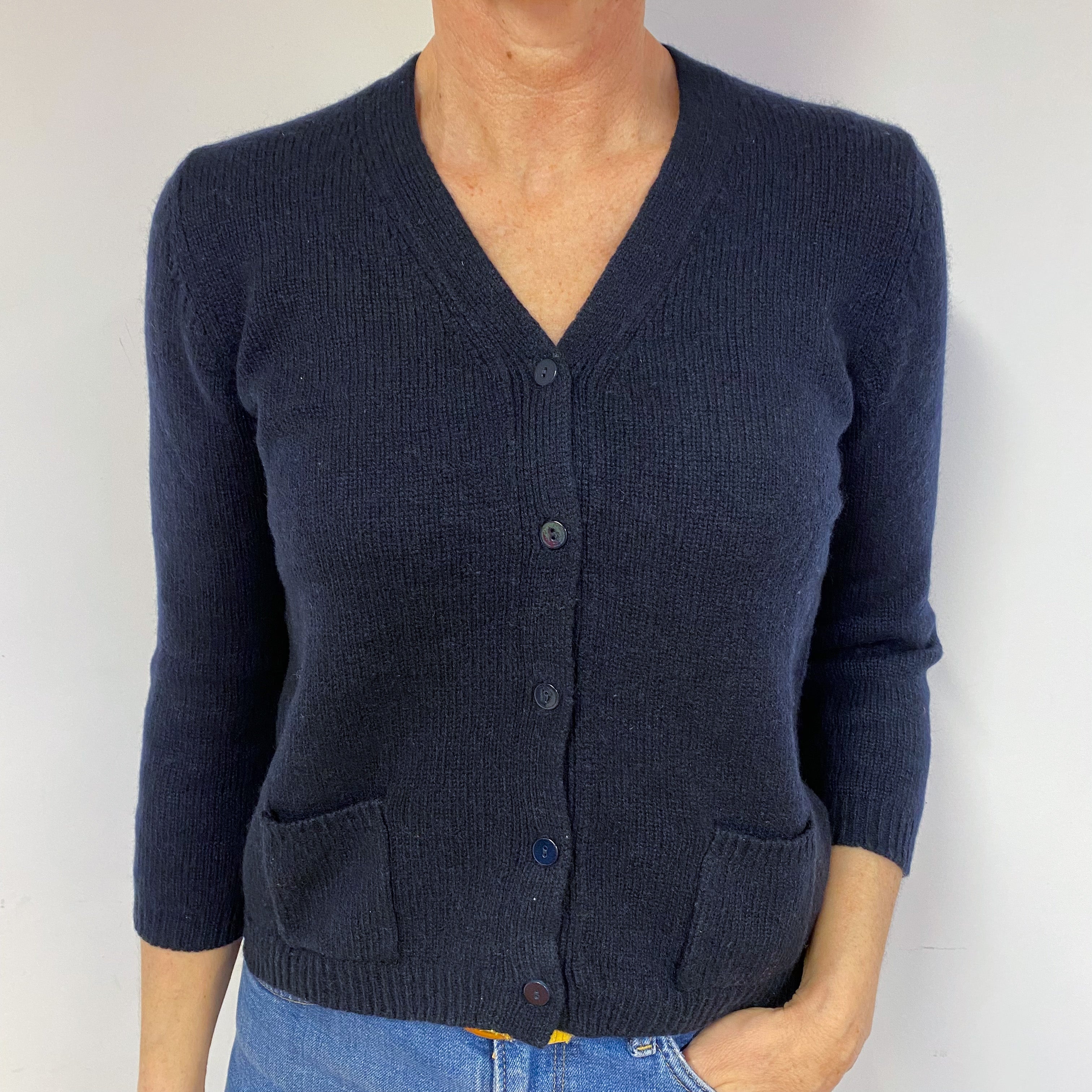 Navy 3/4 Sleeve Cashmere V-Neck Cardigan Medium