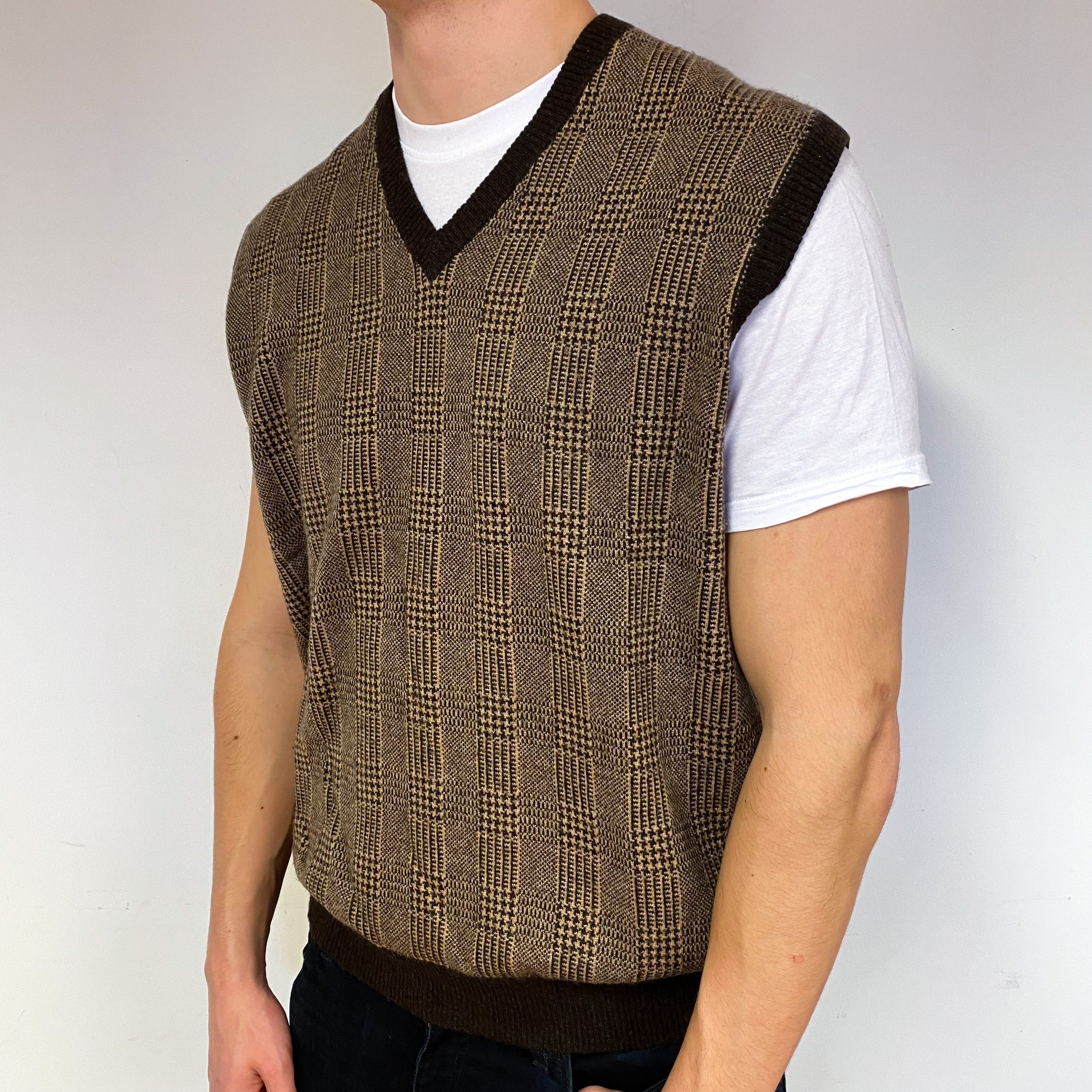 Men's Brown Checked Cashmere V-Neck Tank Top Extra Extra Large