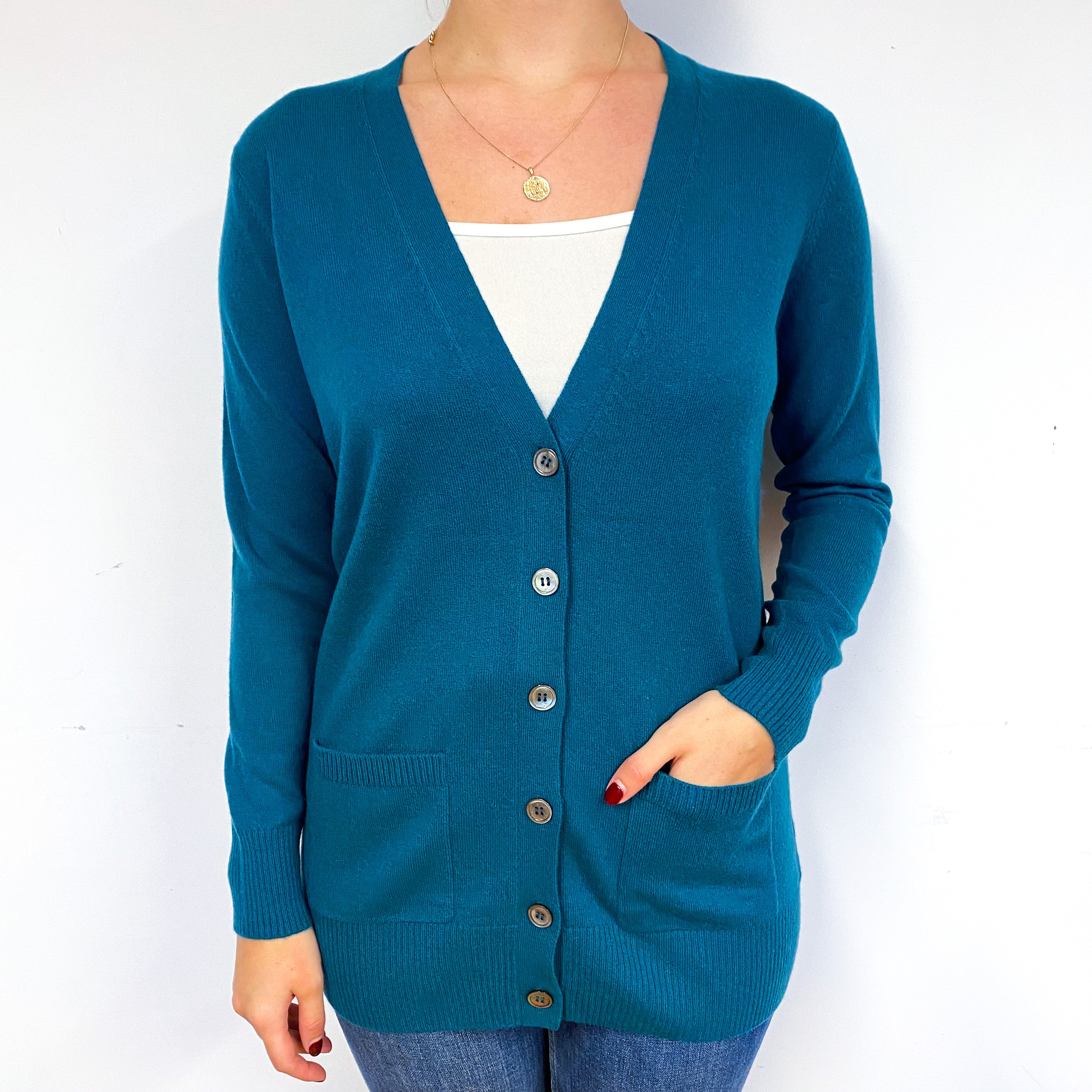 Teal Green Longline Cashmere V-Neck Cardigan Small