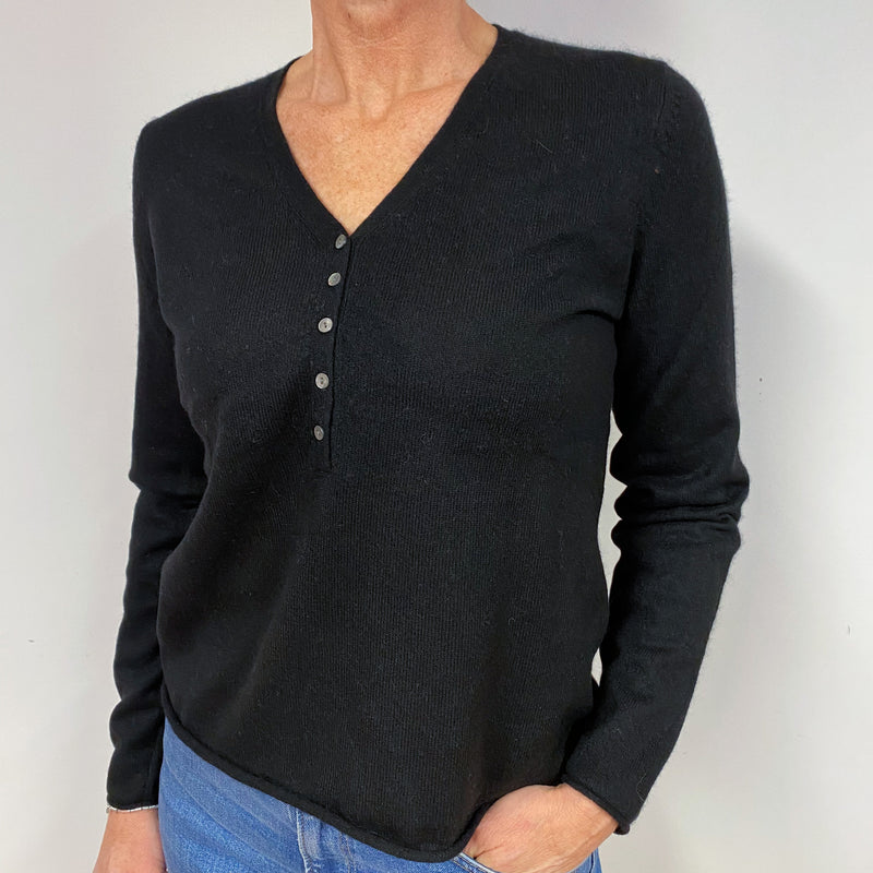 Black Buttoned Cashmere V-Neck Jumper Medium