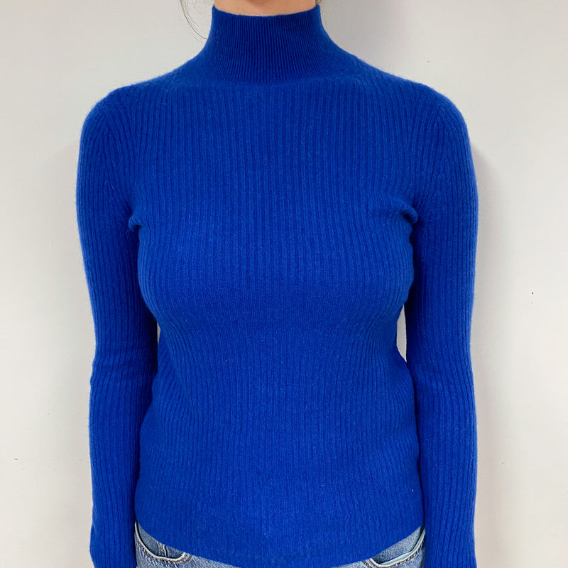 Admiral Blue Ribbed Cashmere Polo Neck Jumper Small