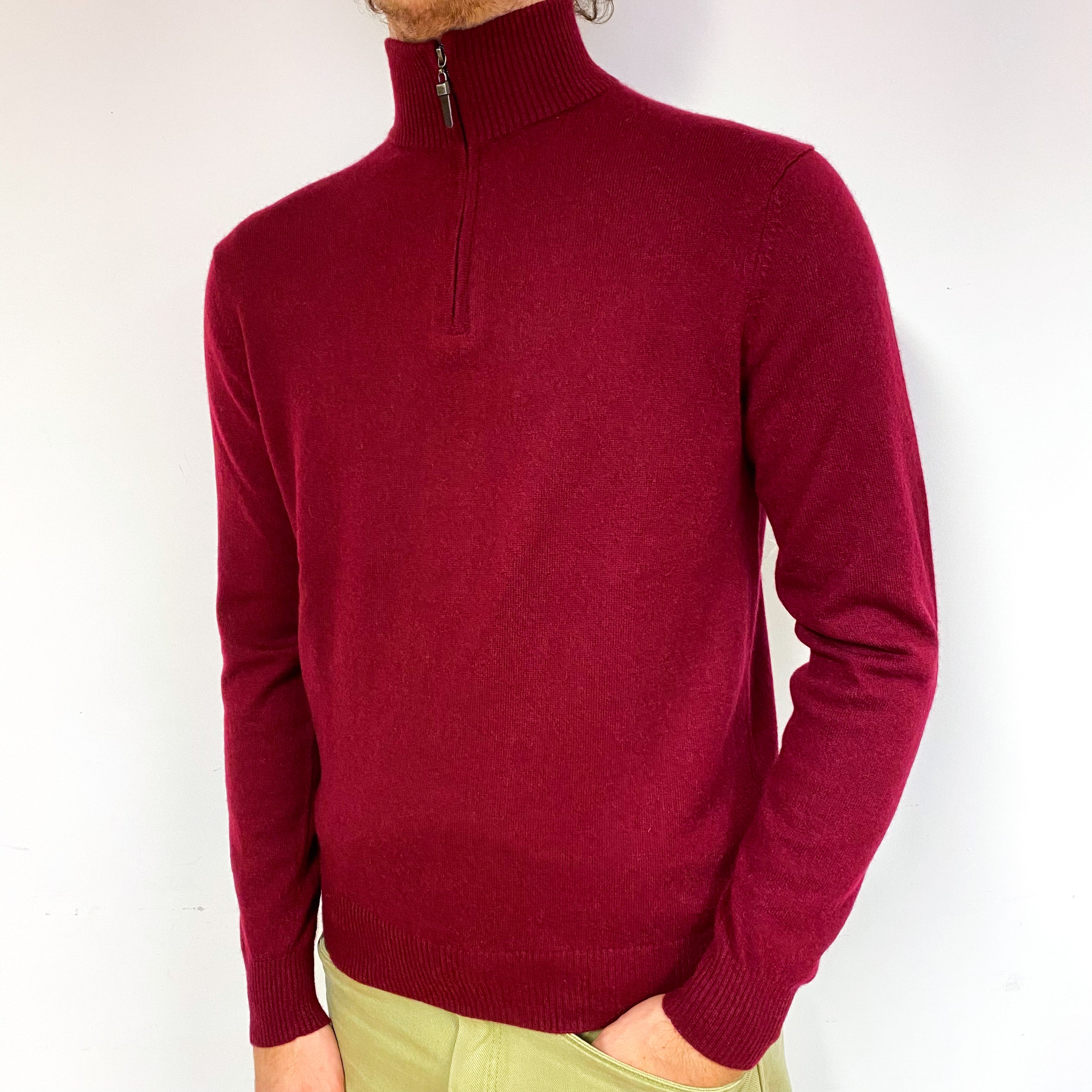 Men's Garnet Red Cashmere 1/4 Zip Turtle Neck Jumper Large