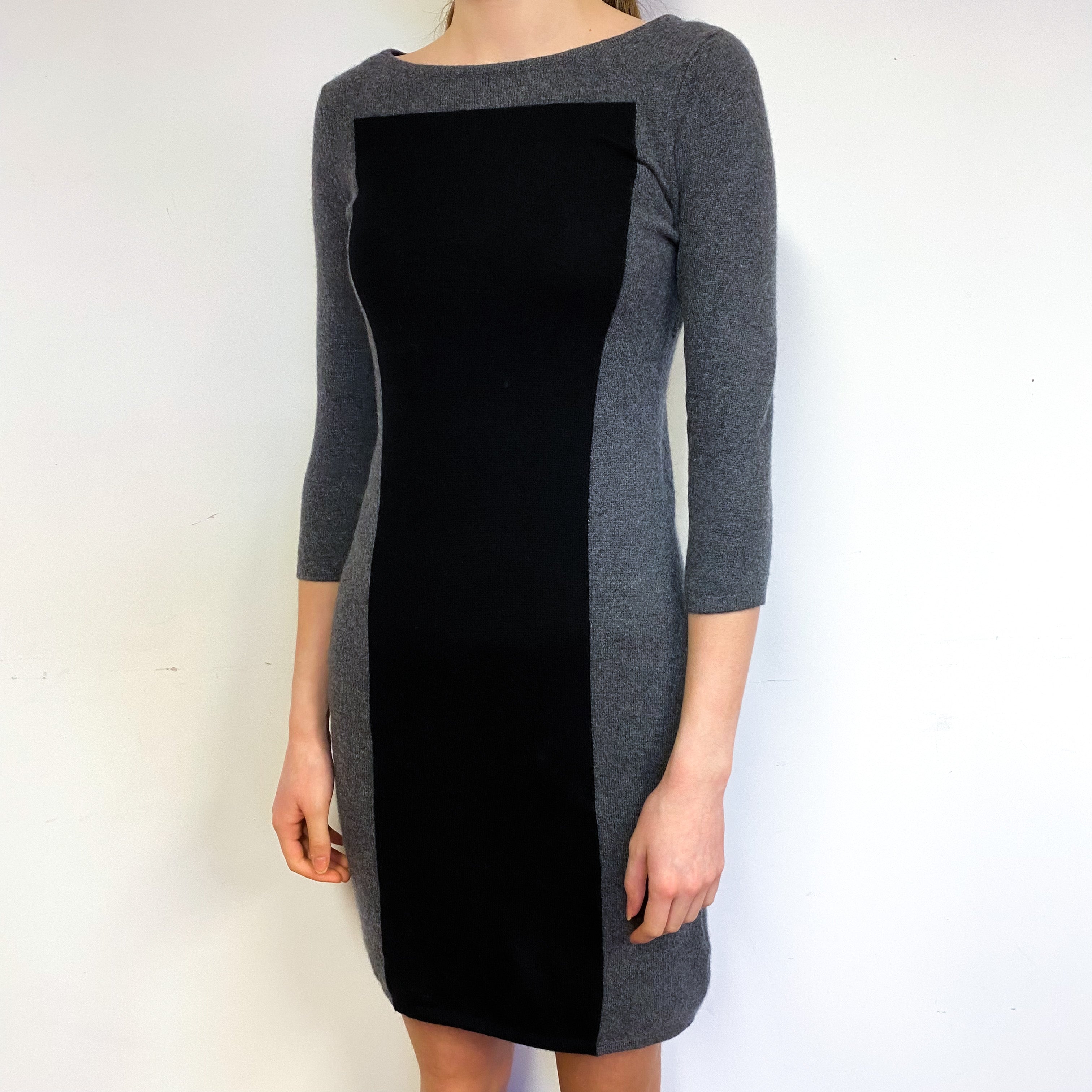 Slate Grey and Black Cashmere Crew Neck Dress Extra Small