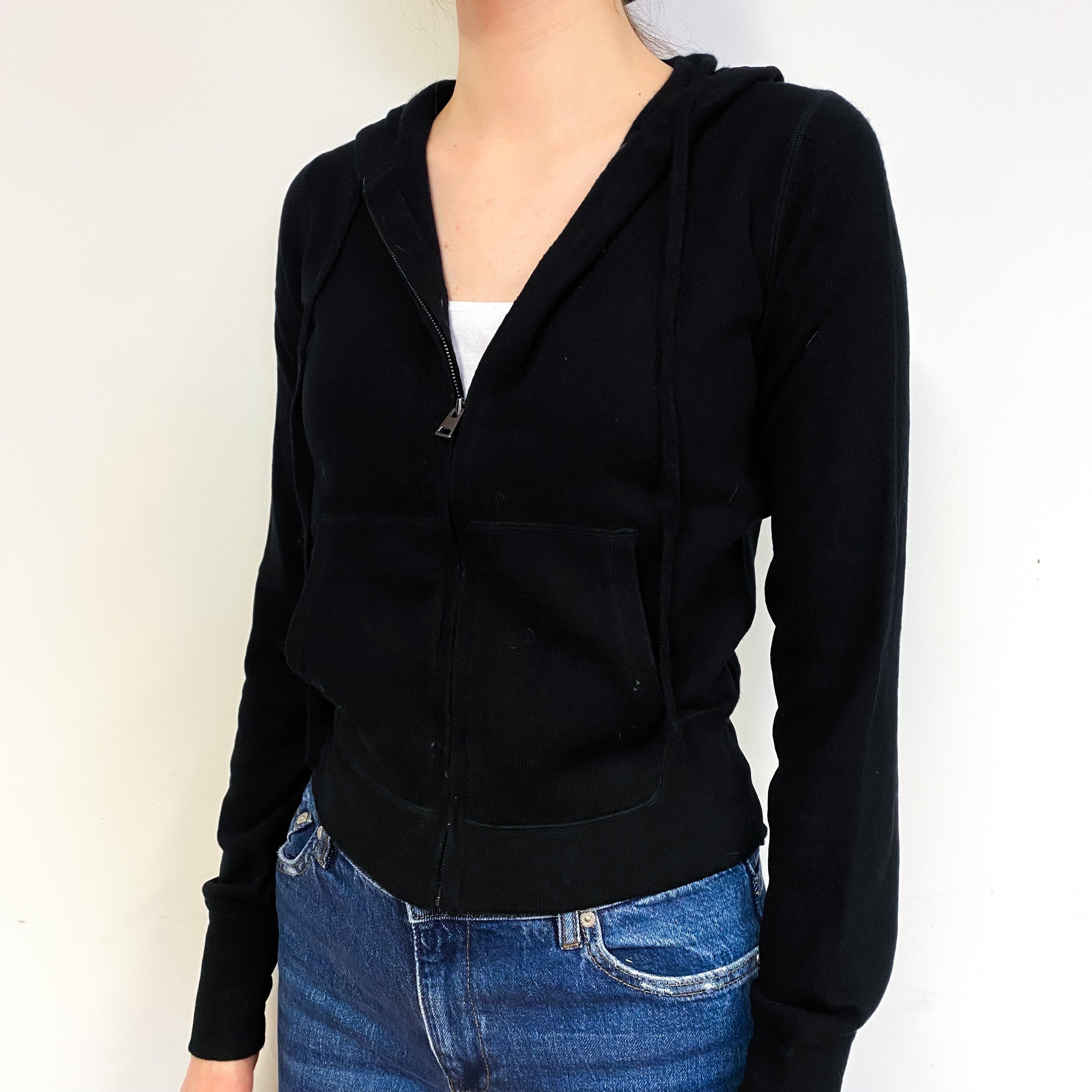 Black Cashmere Zip Front Hoodie Cardigan Extra Small