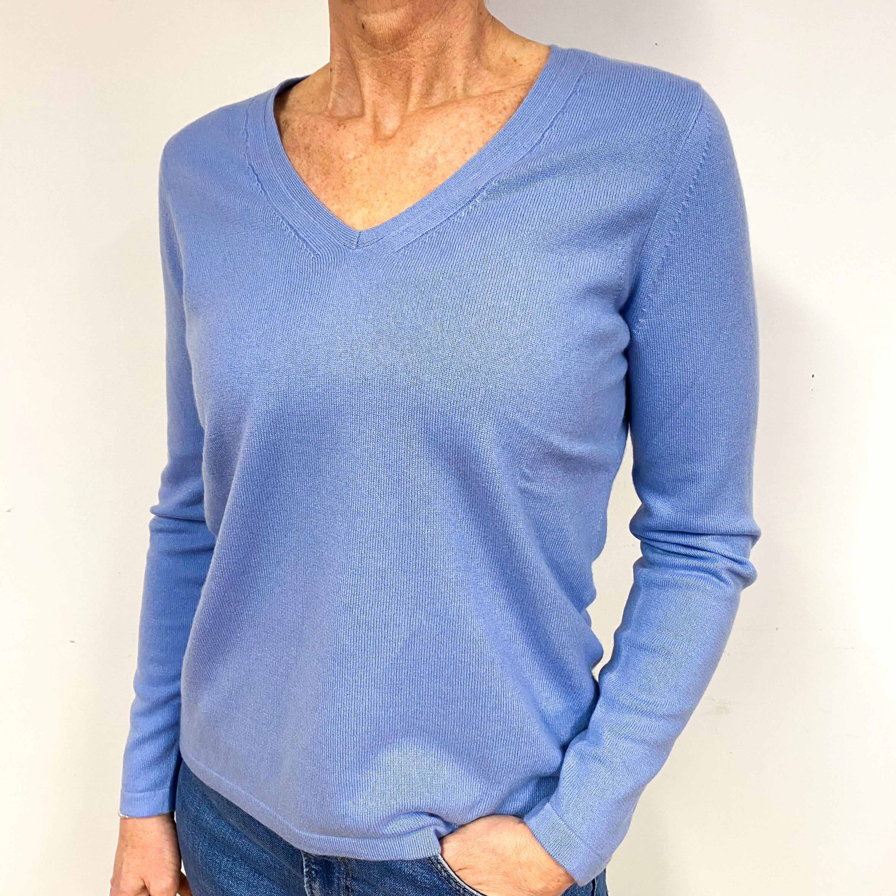 New Sky Blue Cashmere V-Neck Jumper Medium