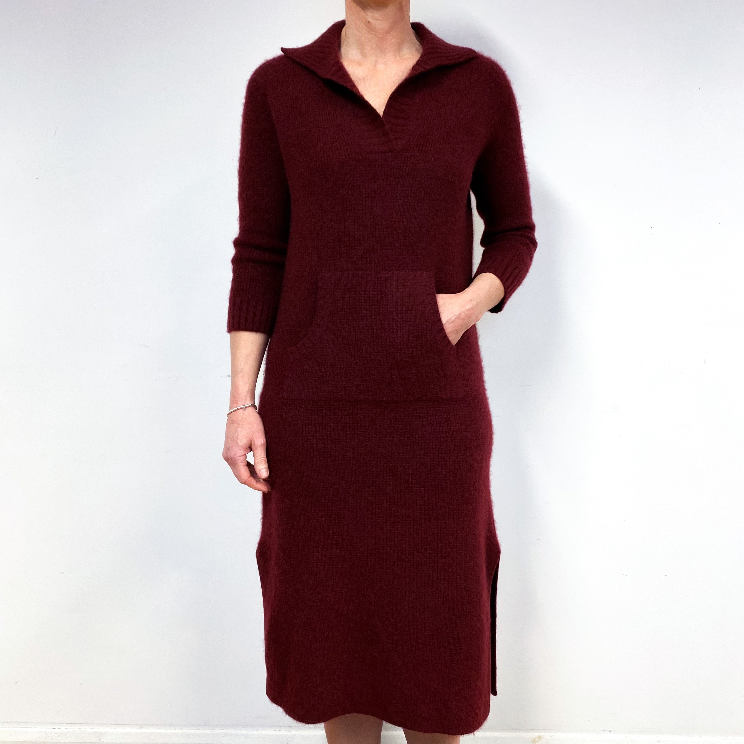 Burgundy Red Chunky Cashmere Collared Midi Dress Medium