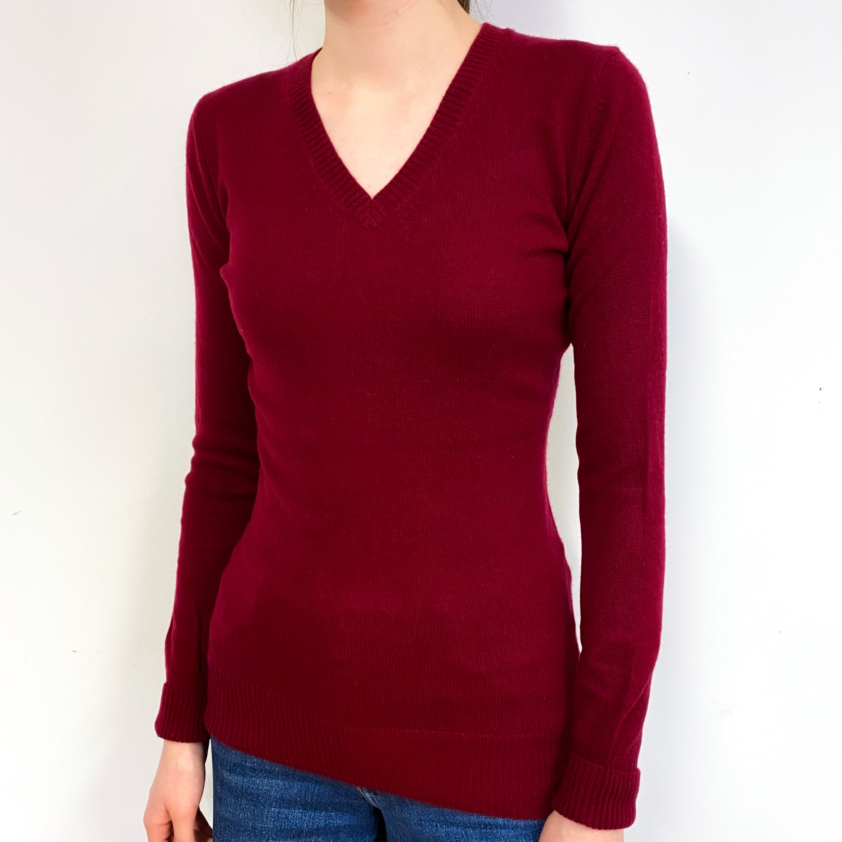 Wine Red Cashmere V-Neck Jumper Extra Small