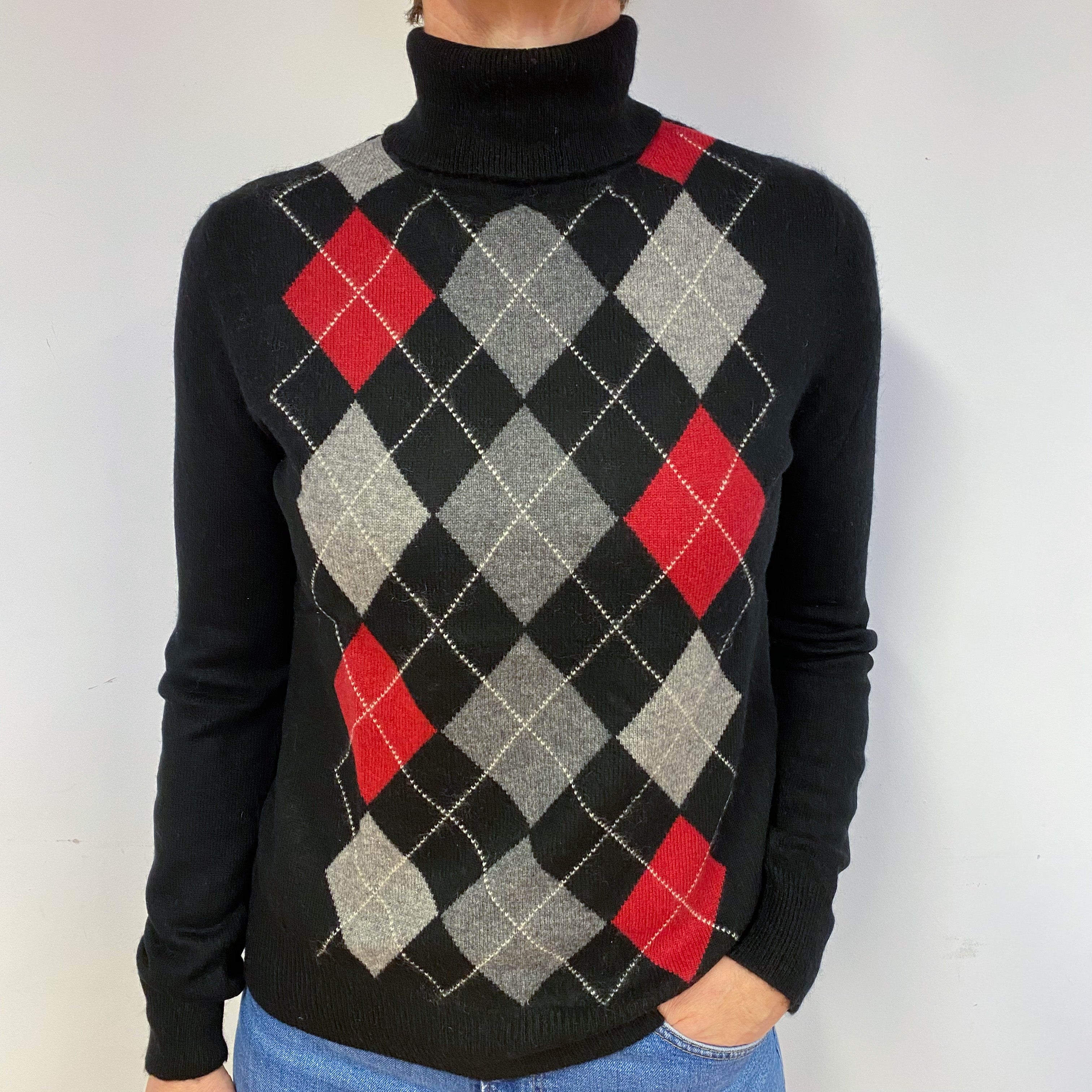 Black Argyle Cashmere Polo Neck Jumper Medium