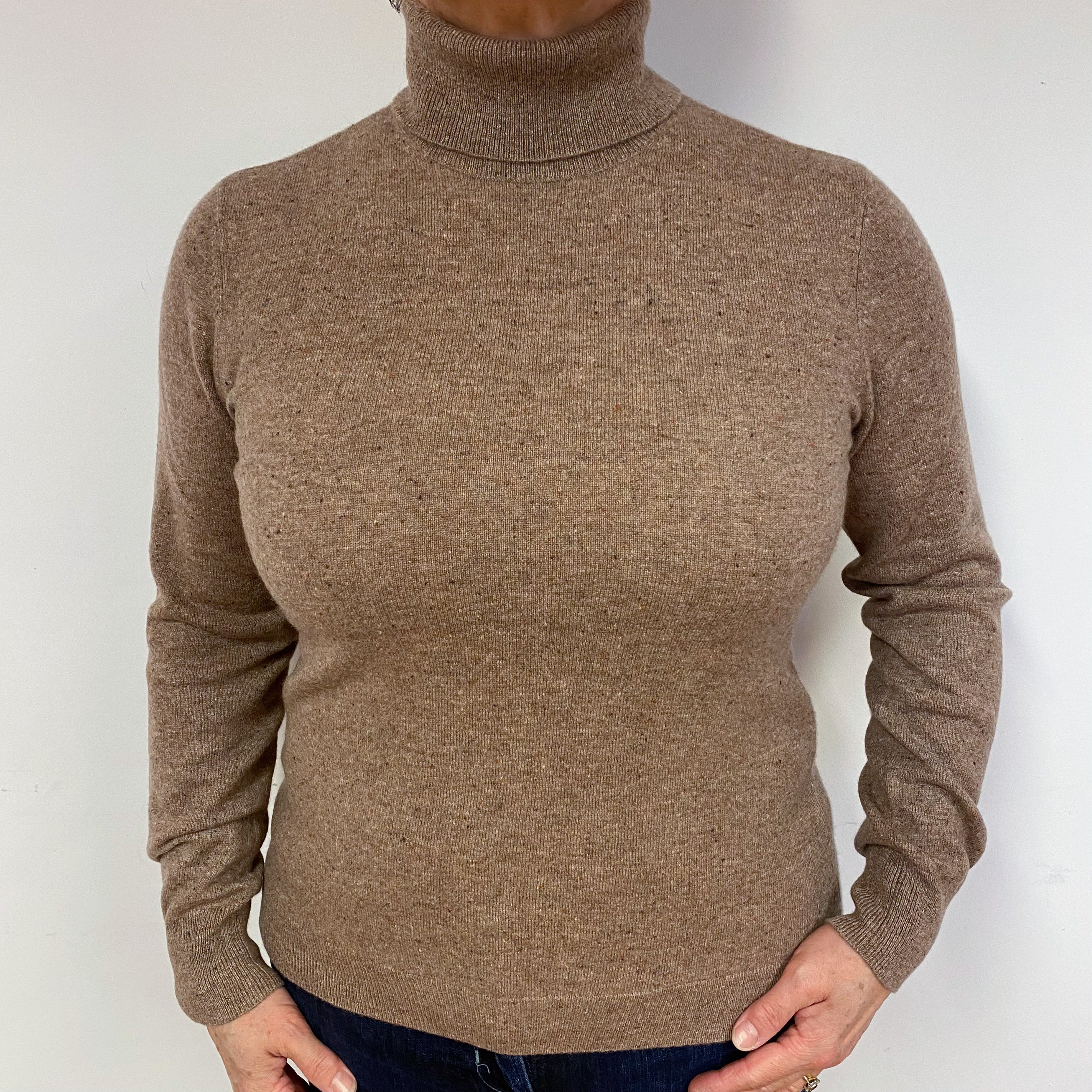 Mocha Brown Marl Cashmere Polo Neck Jumper Large