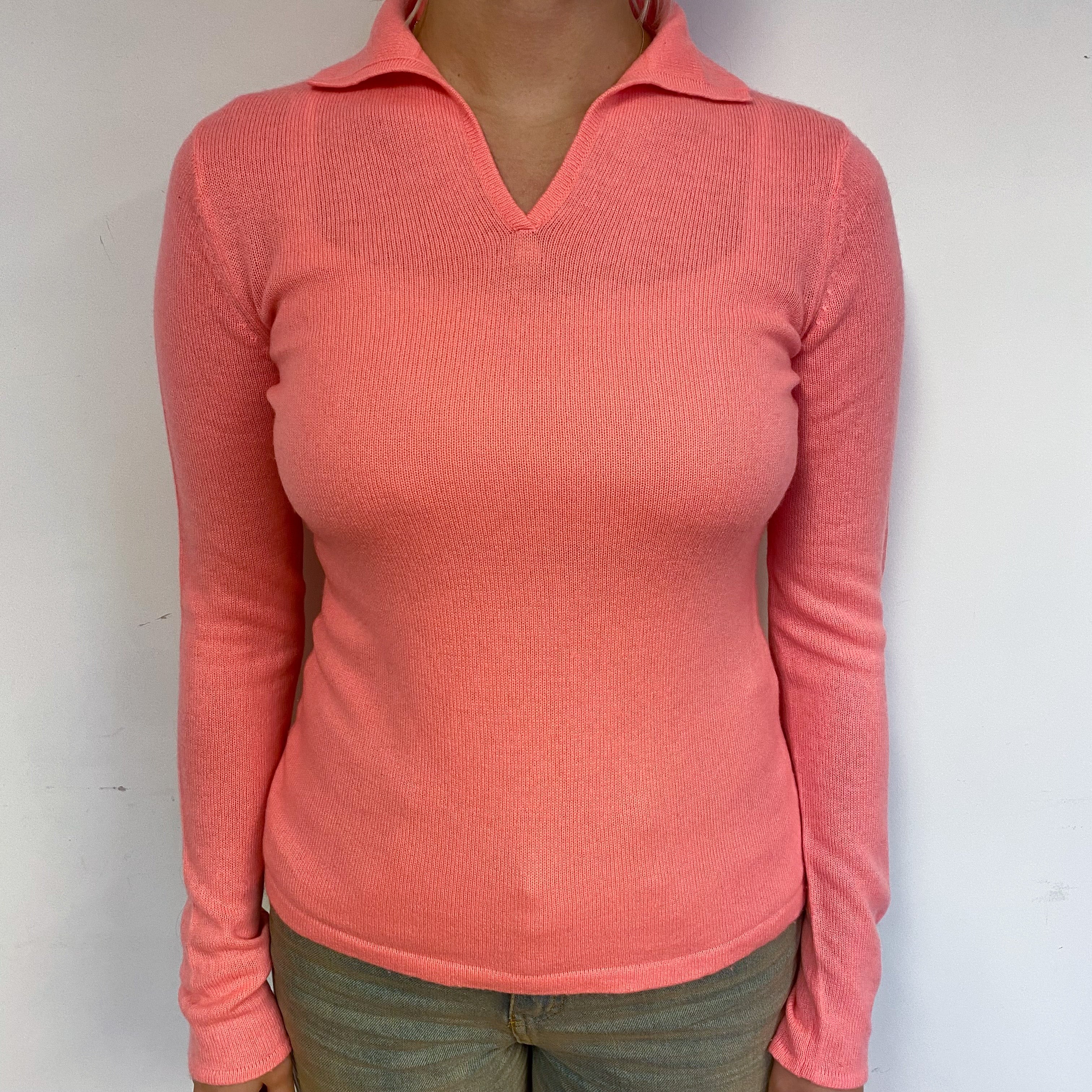 Neon Coral Pink Cashmere Collared V Neck Jumper Small