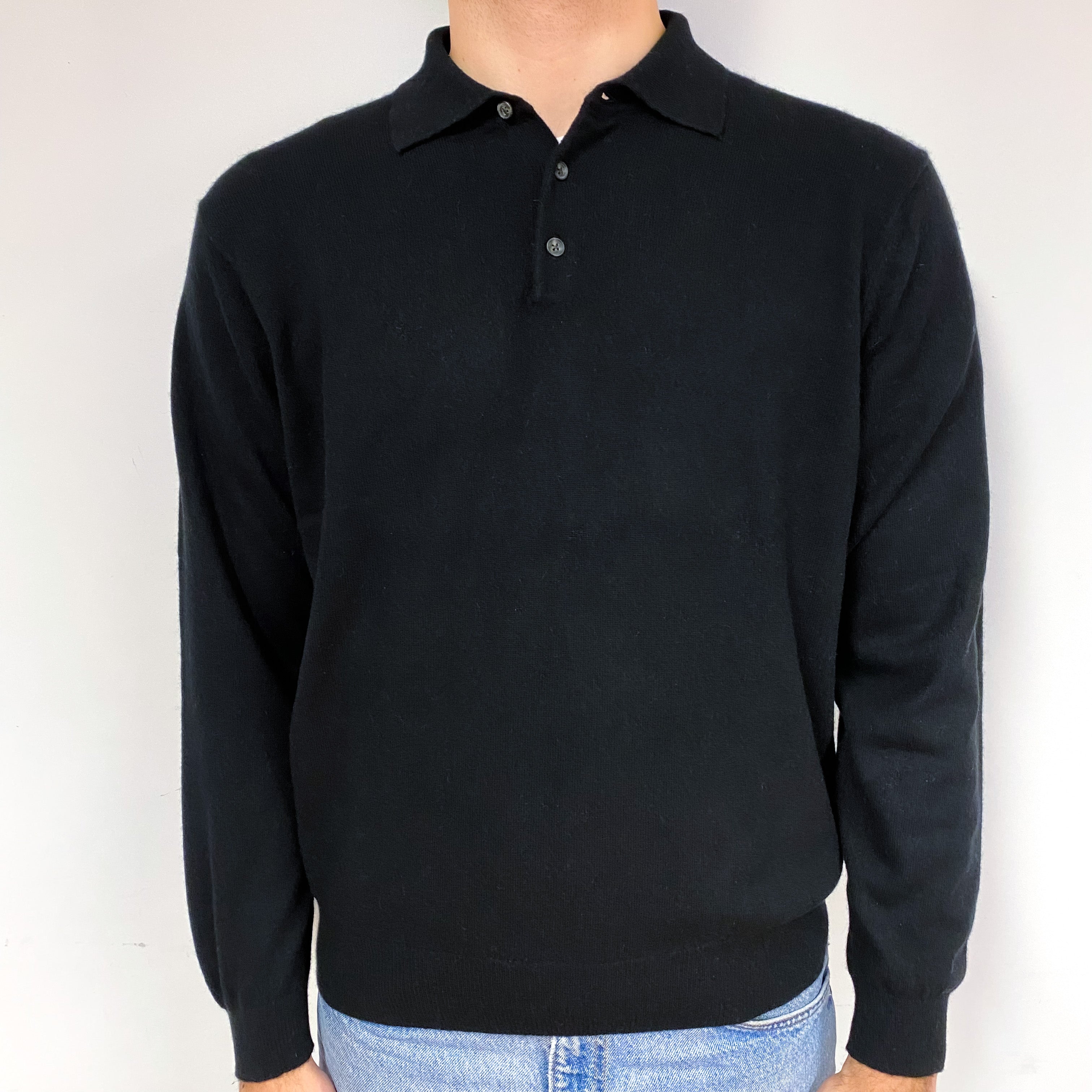Men's Black Cashmere 1/4 Button Jumper Large