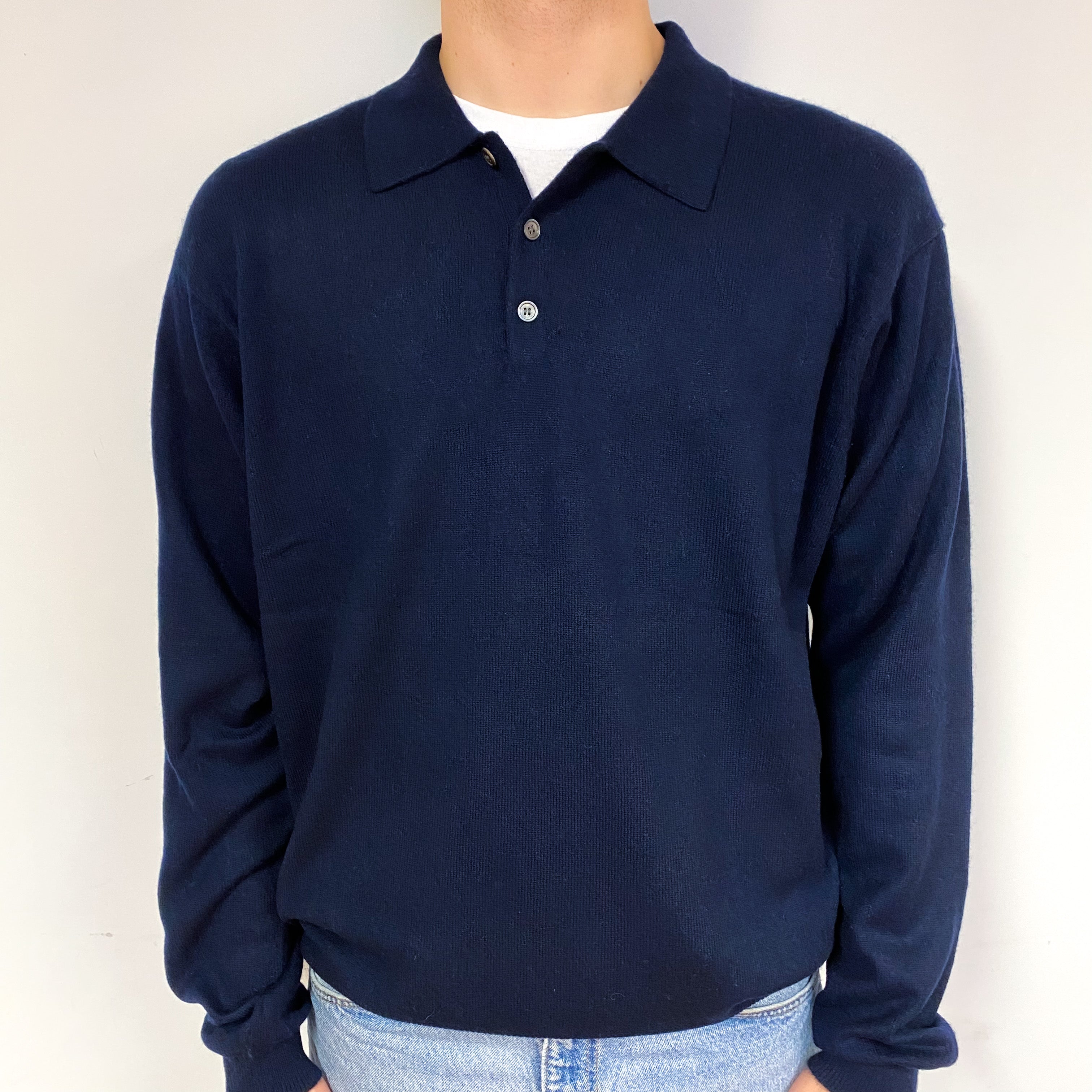 Men's Navy Blue Cashmere 1/4 Button Jumper Large