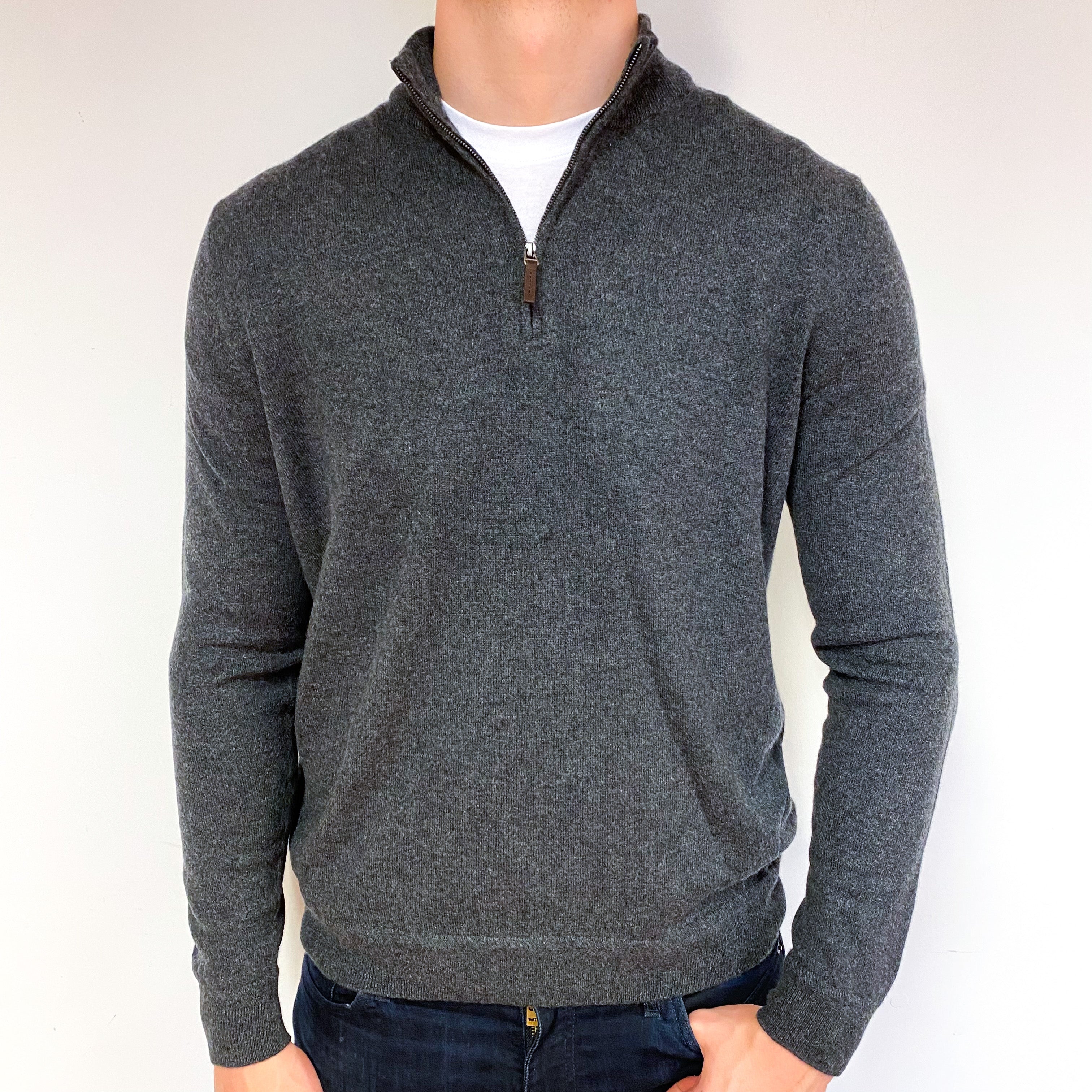 Men's Slate Grey Italian Cashmere 1/4 Zip Jumper Extra Large