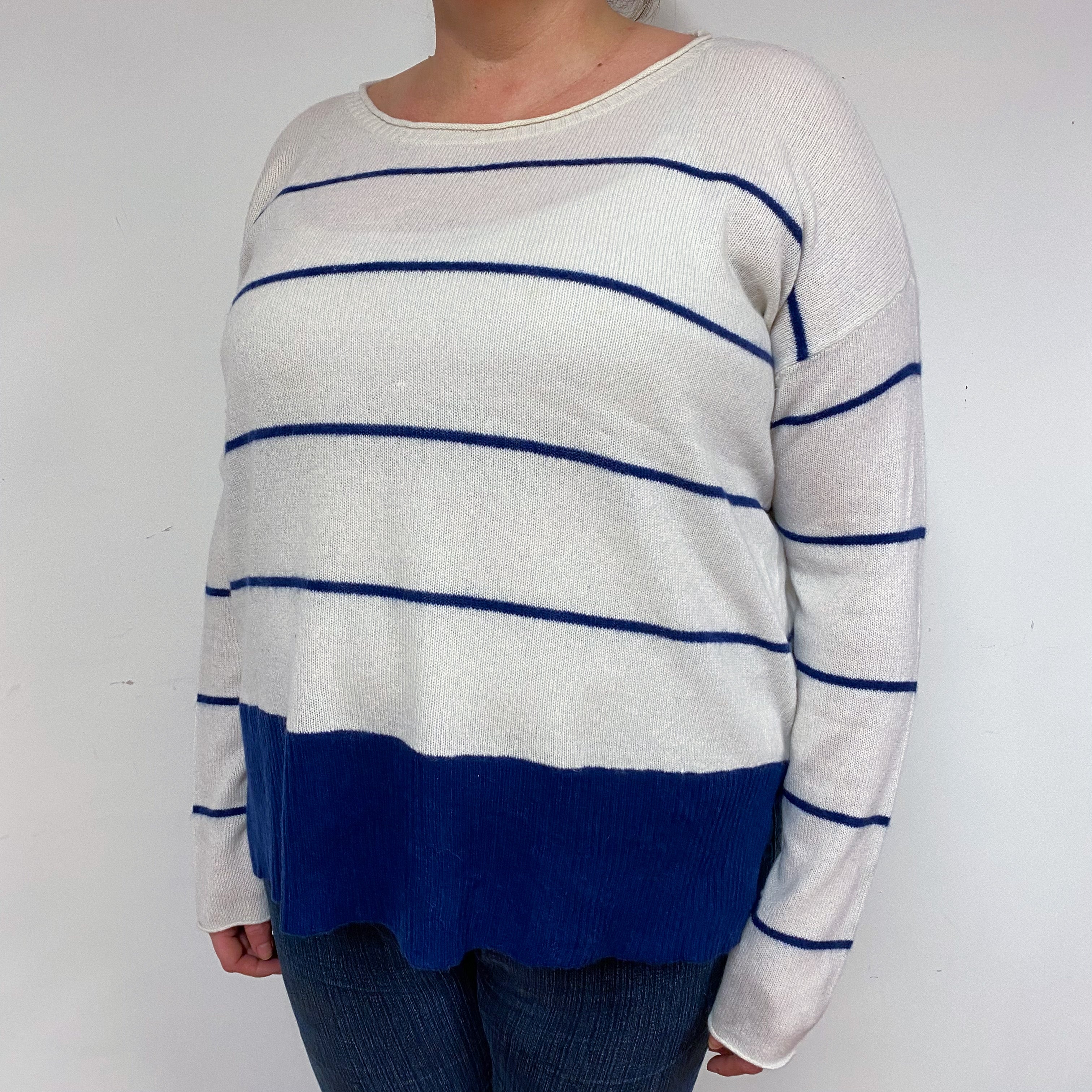 Navy and Cream Stripe Cashmere Crew Neck Jumper Extra Large