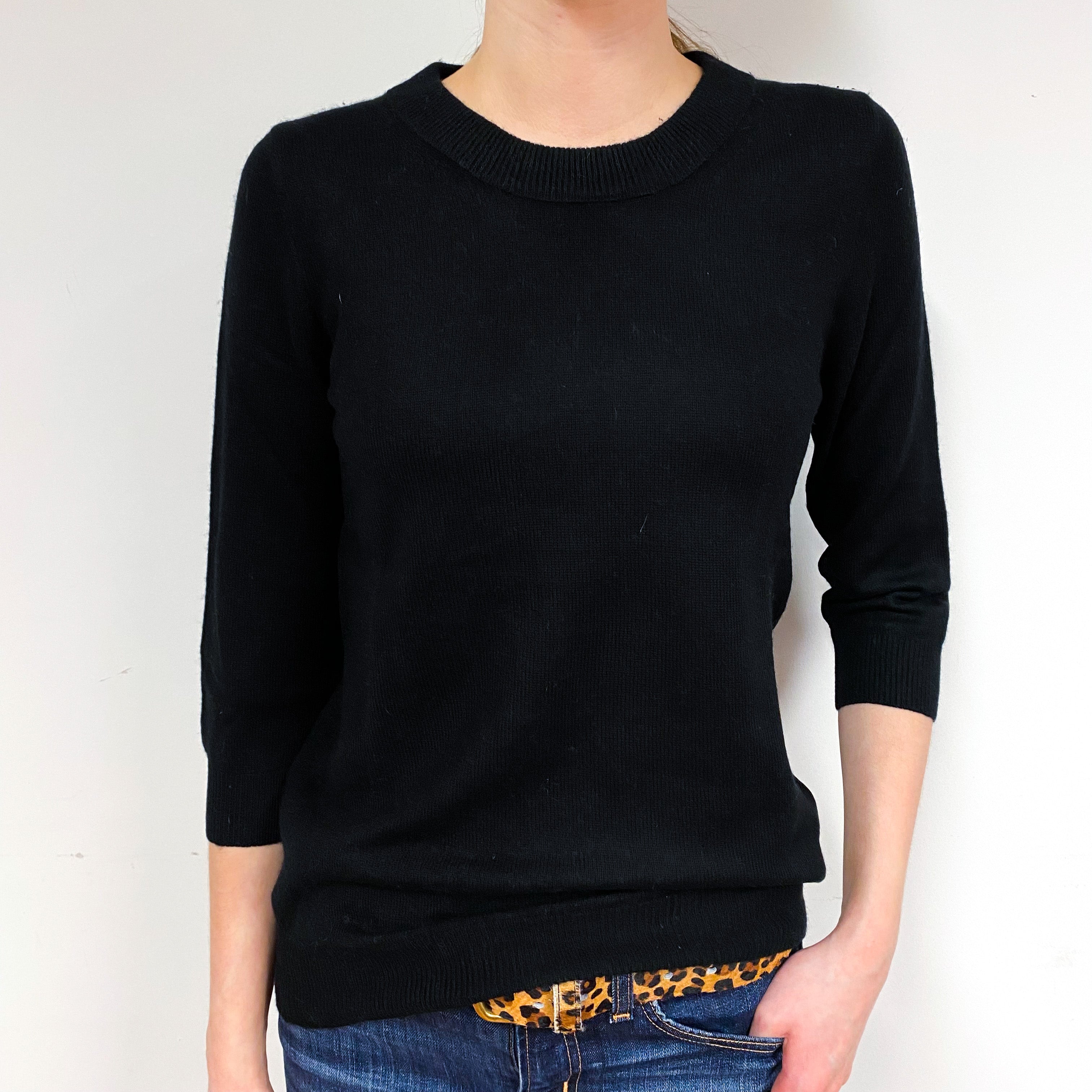 Black 3/4 Sleeve Cashmere Crew Neck Jumper Extra Small