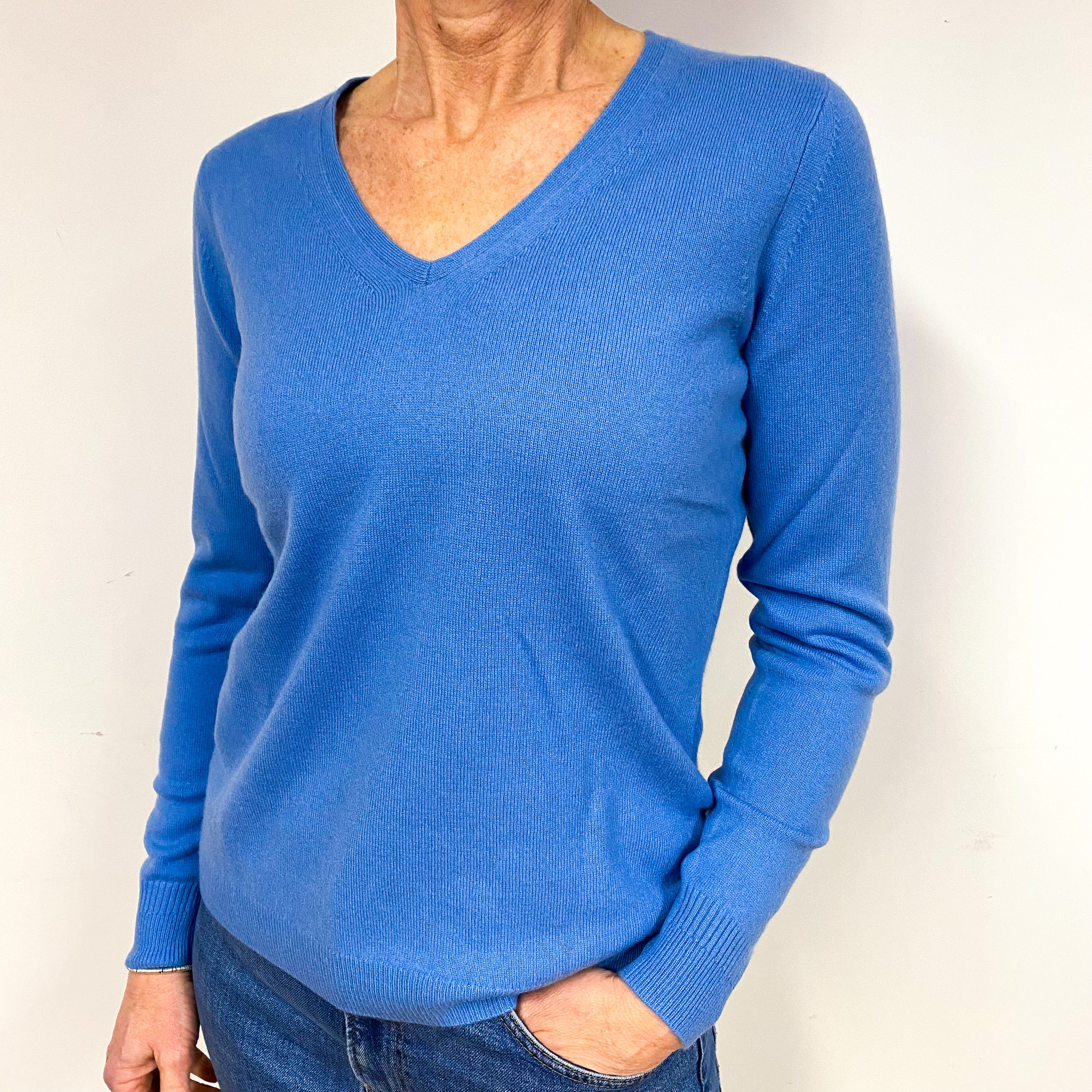 New Cornflower Blue Cashmere V-Neck Jumper Medium