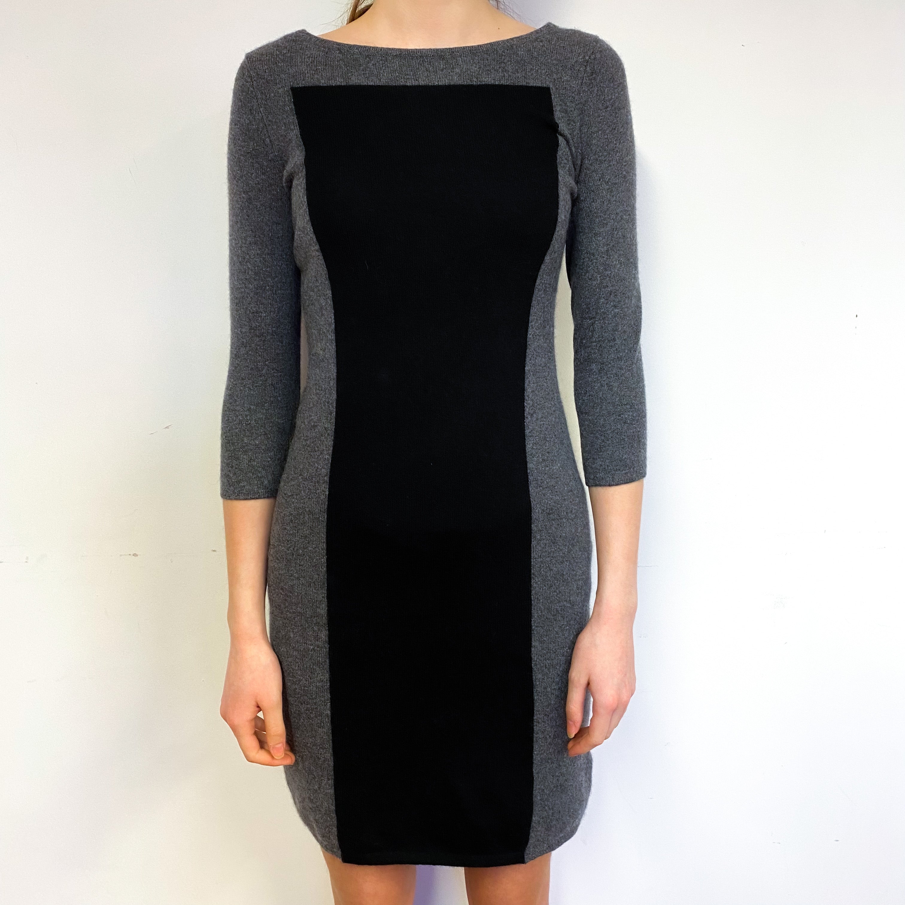 Slate Grey and Black Cashmere Crew Neck Dress Extra Small