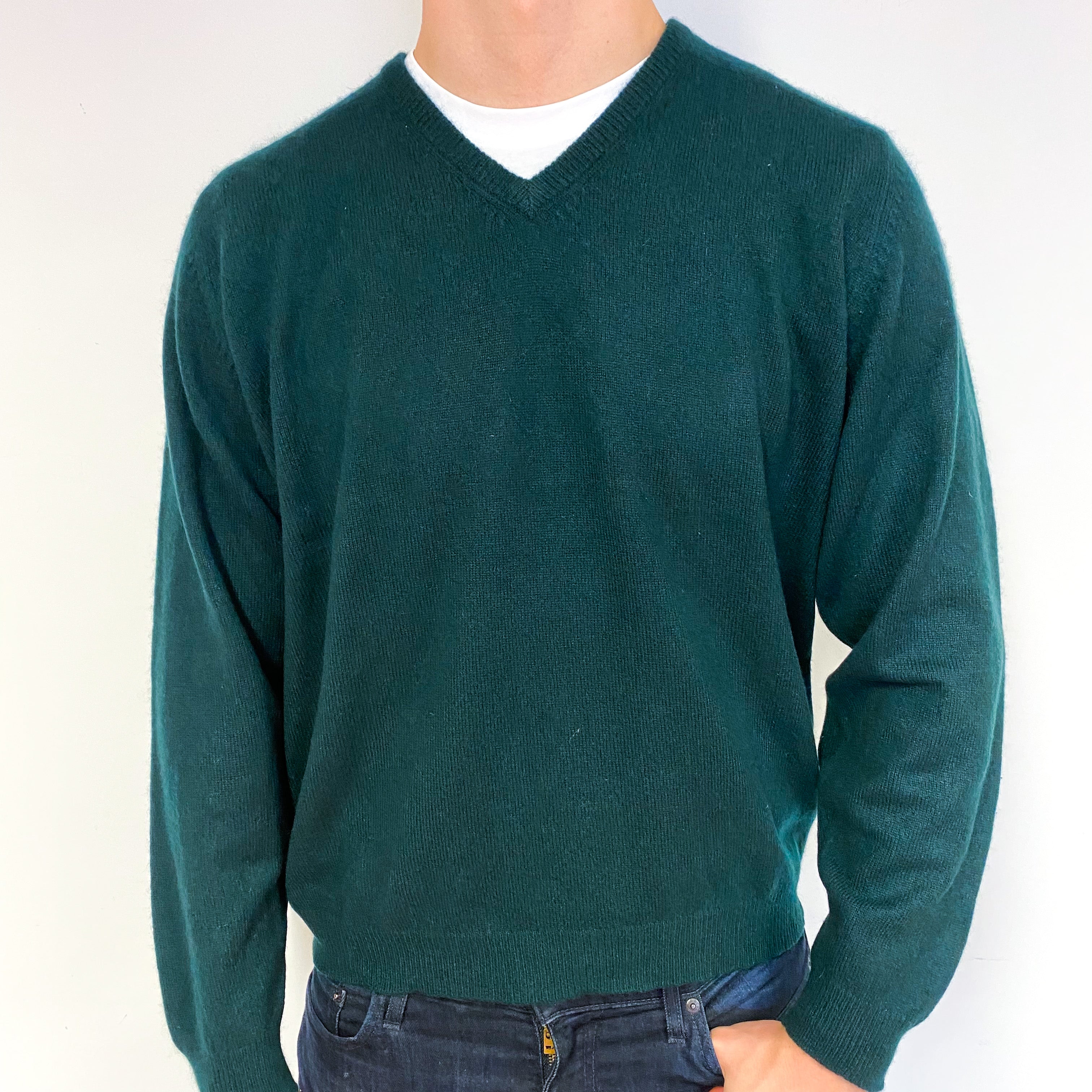 Men's Bottle Green Cashmere V-Neck Jumper Extra Large