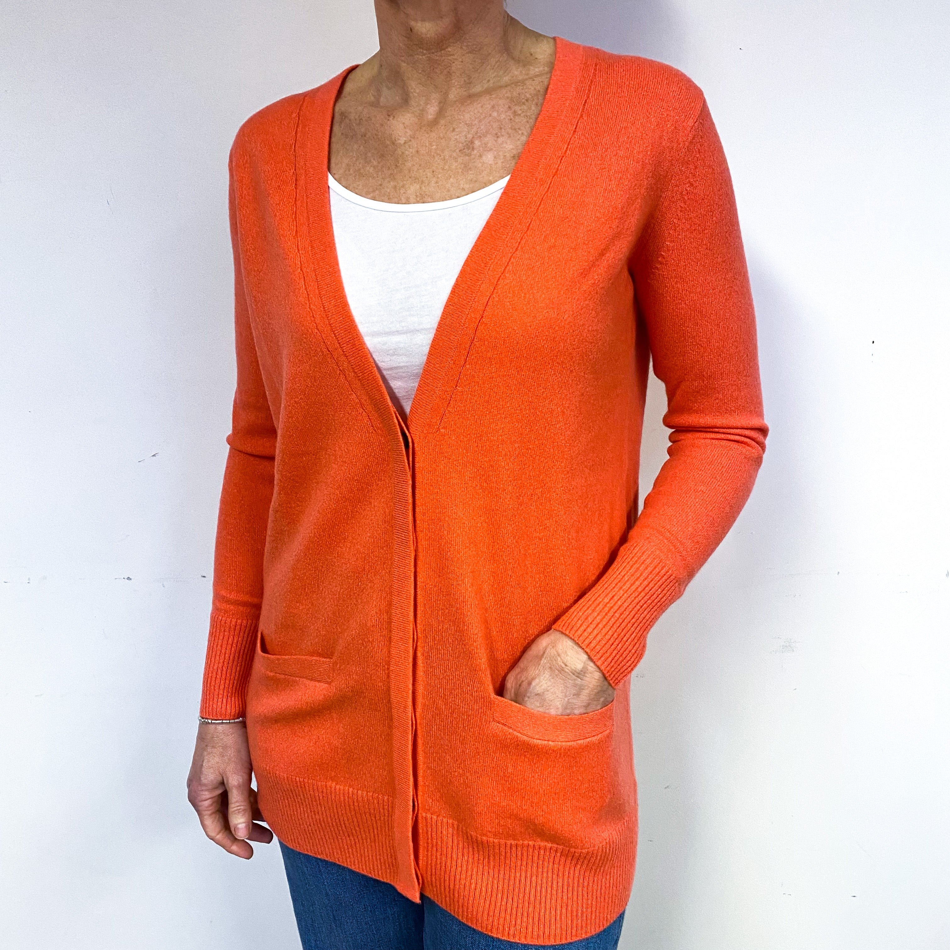New Bright Orange Cashmere V-Neck Cardigan Medium
