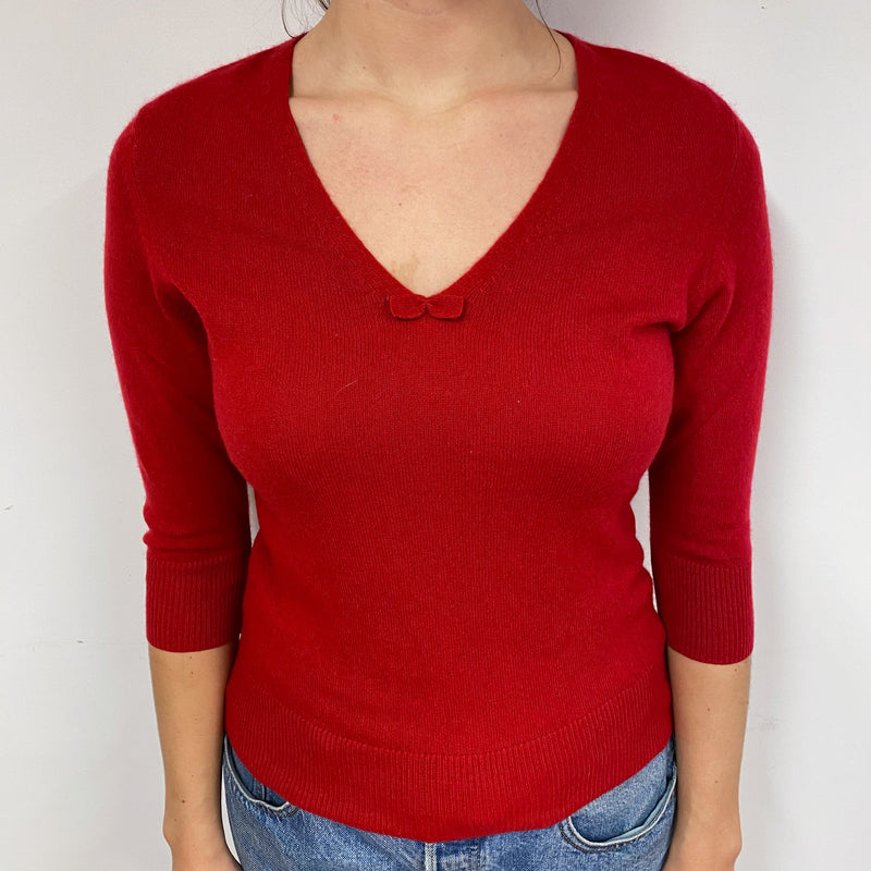 Red 3/4 Sleeve Cashmere V-Neck Jumper Small