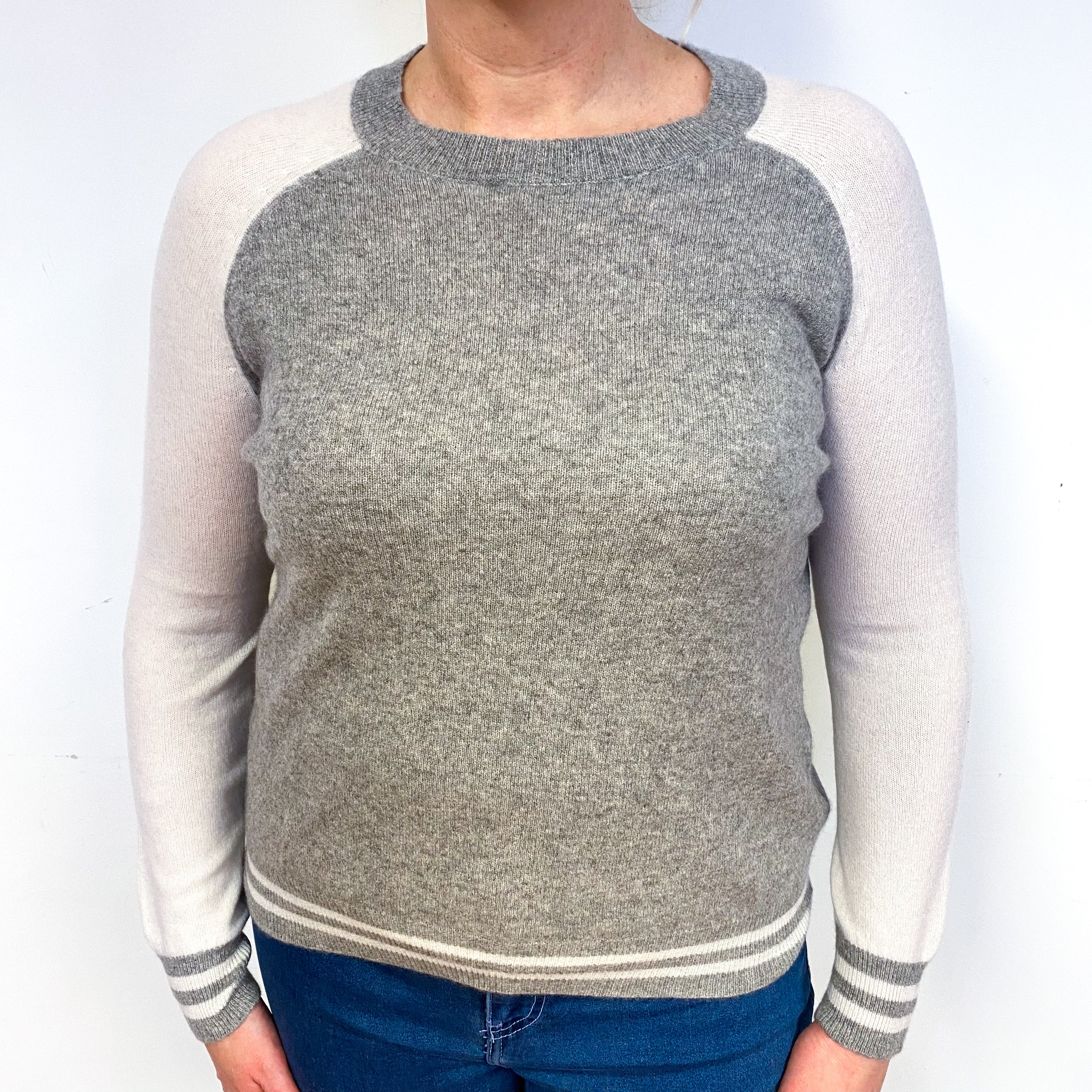 Grey and Ivory Cashmere Crew Neck Jumper Large