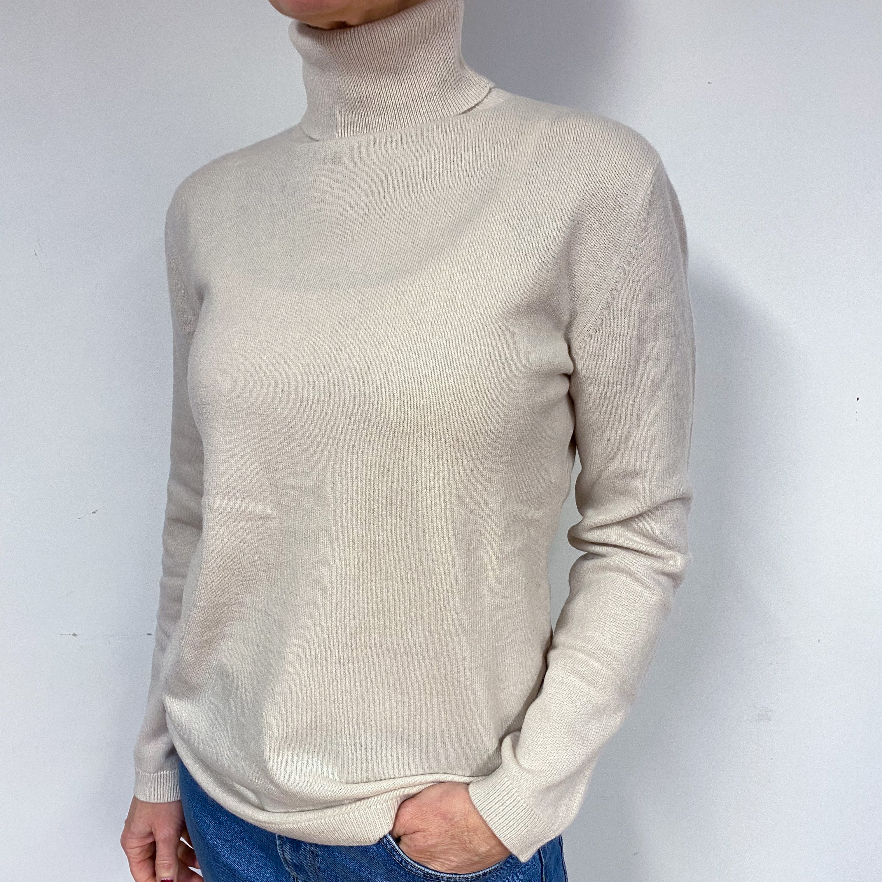 Ivory Cream Cashmere Polo Neck Jumper Medium