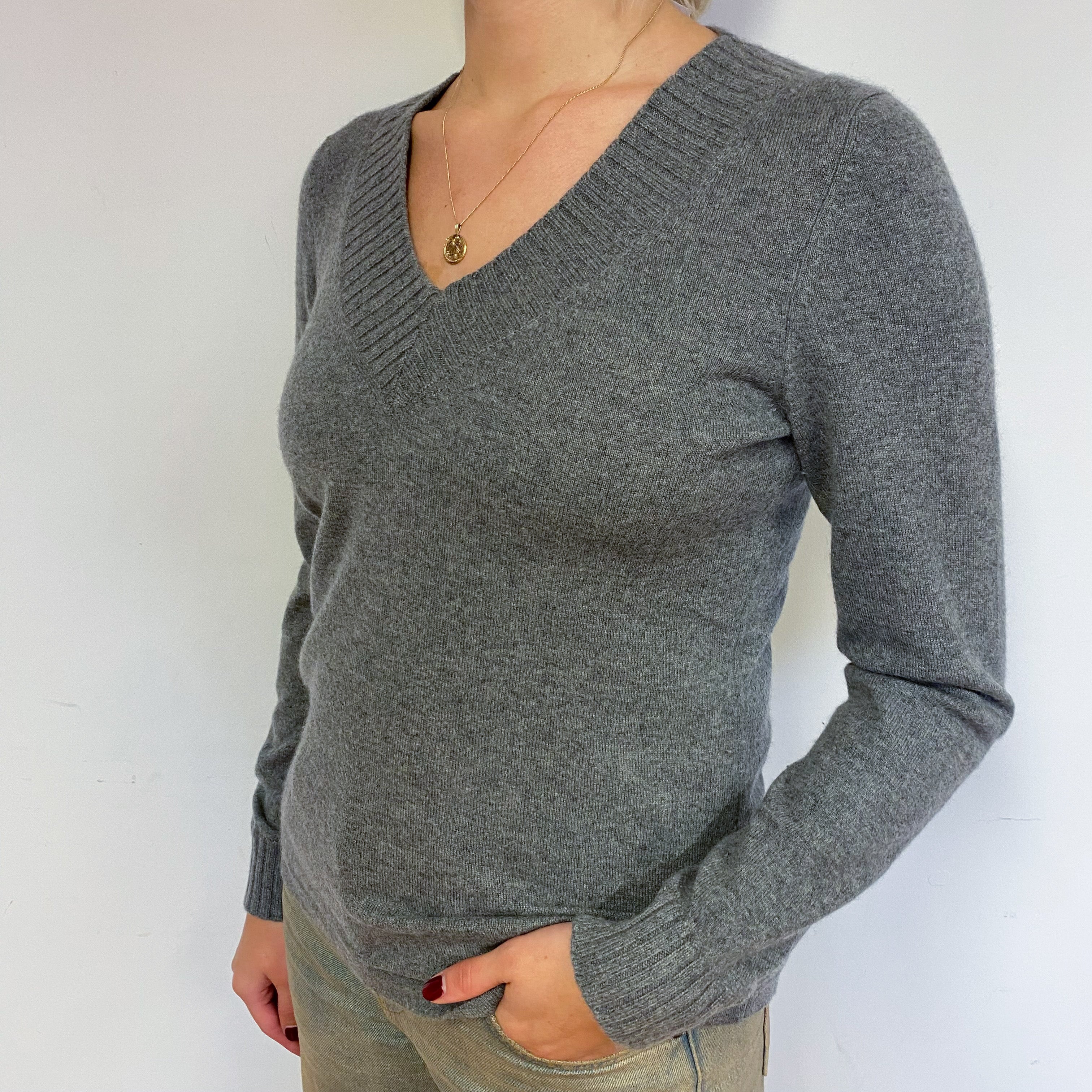 Steel Grey Cashmere V-Neck Jumper Small